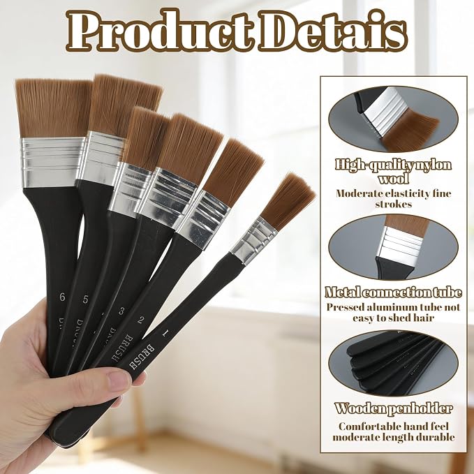 Ouligay Set de 6 pinceles grandes planos de nylon para pintura acrílica, acuarela y óleo, tamaño variado miniatura 3