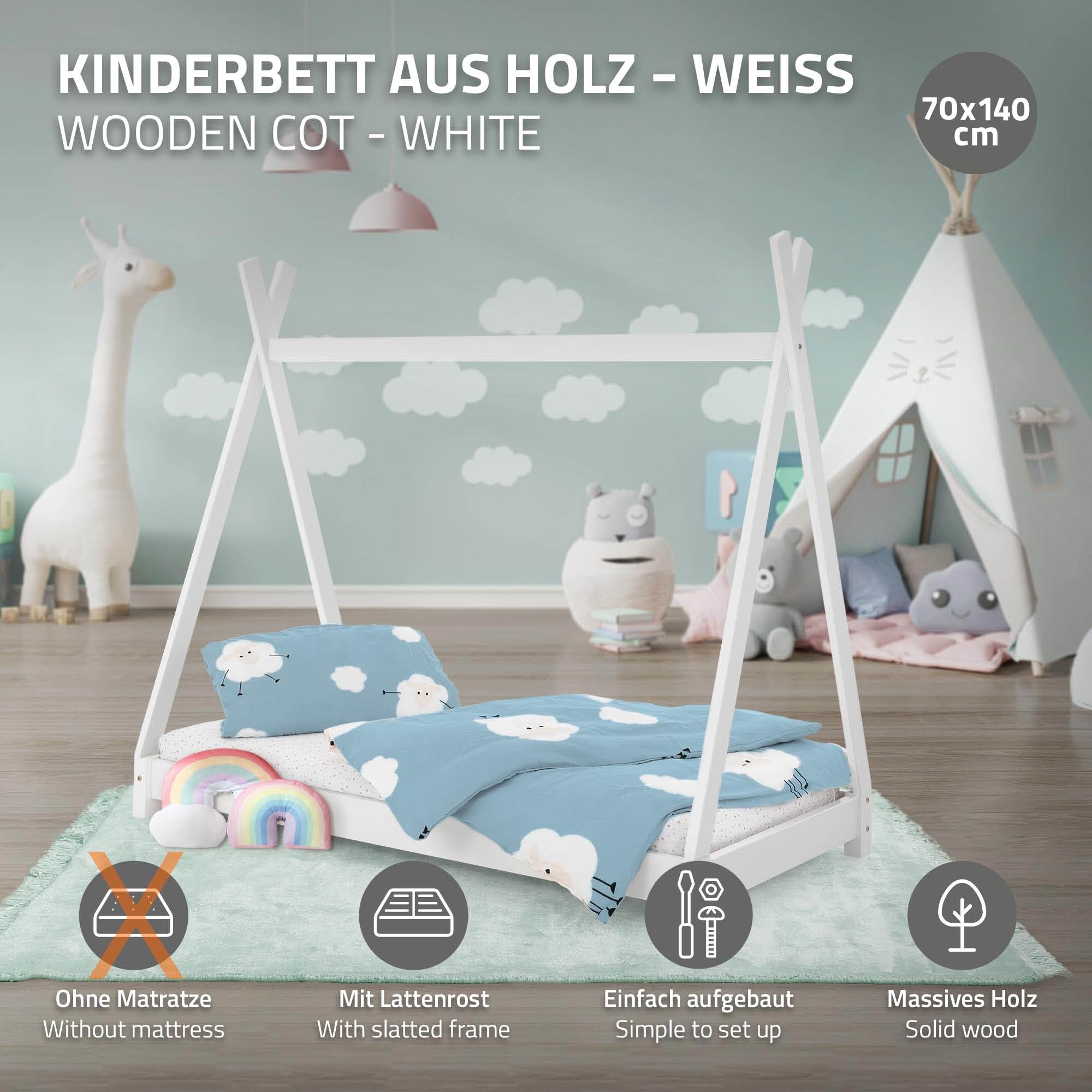 Lettino A Teepee Per Bambini – 70x140 Cm, Legno Di Pino Massiccio, Design Tenda Indiana, Basso E Sicuro, Dai 2 Ai 6 Anni