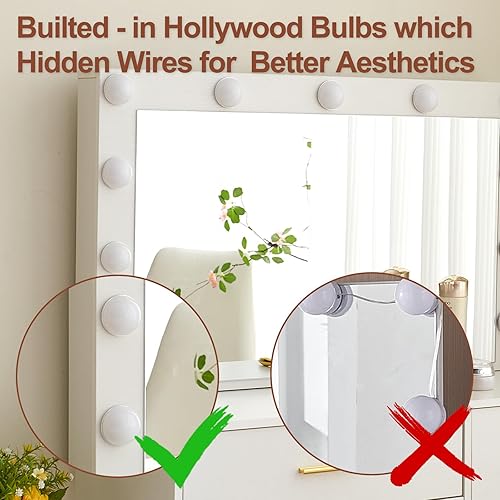 Miniatura 4 de JBLCC Escritorio de tocador con espejo y luces, tocador de maquillaje blanco con luces, 5 cajones y estantes abiertos, espejo iluminado de 3