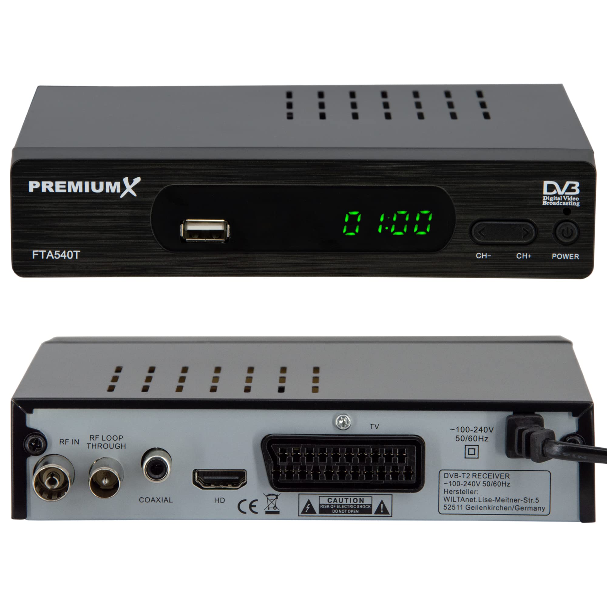 PremiumX FTA 540T Full HD Digitaler DVB-T2 terrestrischer TV Receiver H.265 HEVC | USB Mediaplayer SCART HDMI Antennenkabel | Auto Installation