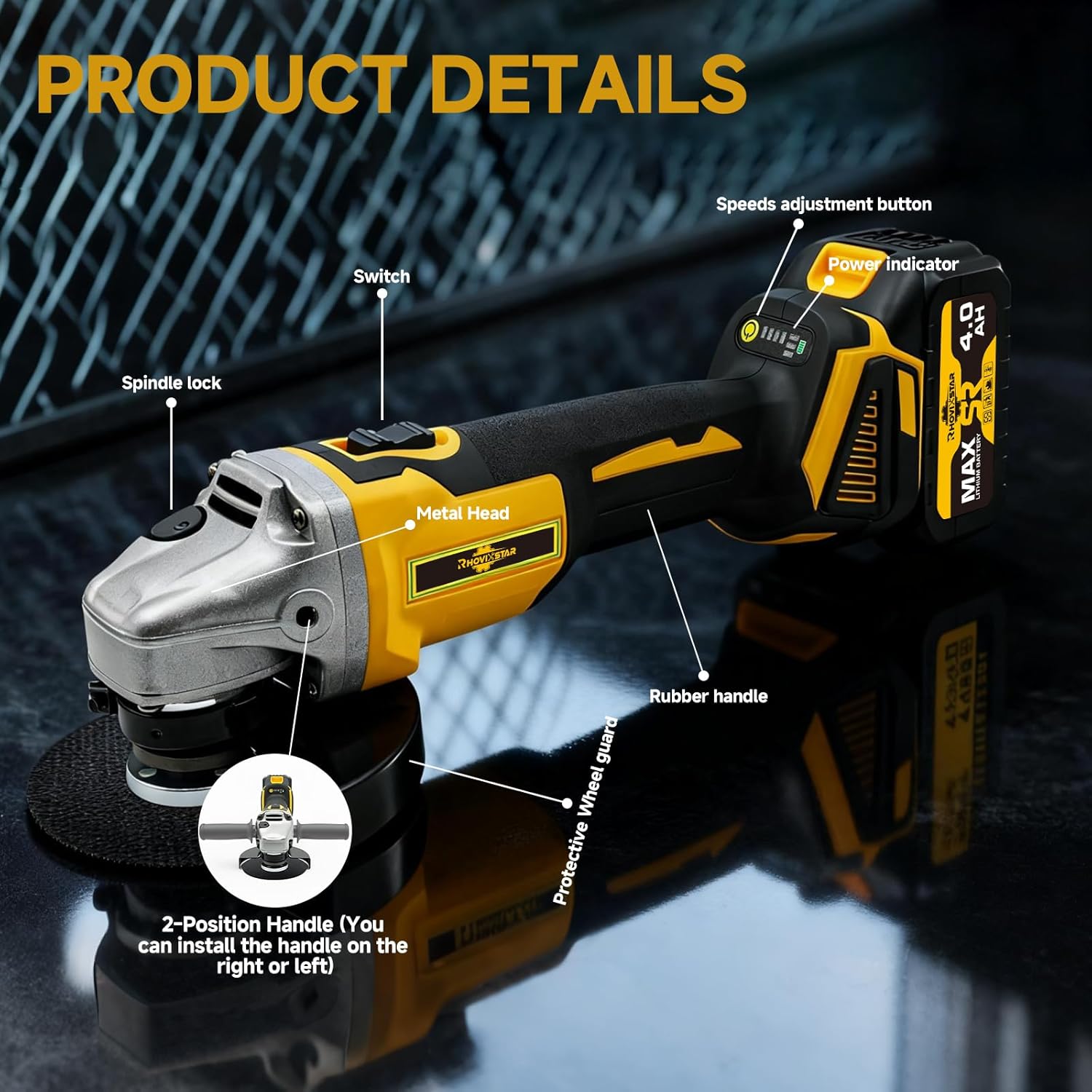 Brushless Angle Grinder Cordless, 3/8 Inch Battery Grinder Power Tools for Cutting, Grinding, Polishing and Rust Removal, 4 Variable Speed, Compatible with Makita 18V Battery - Image 5