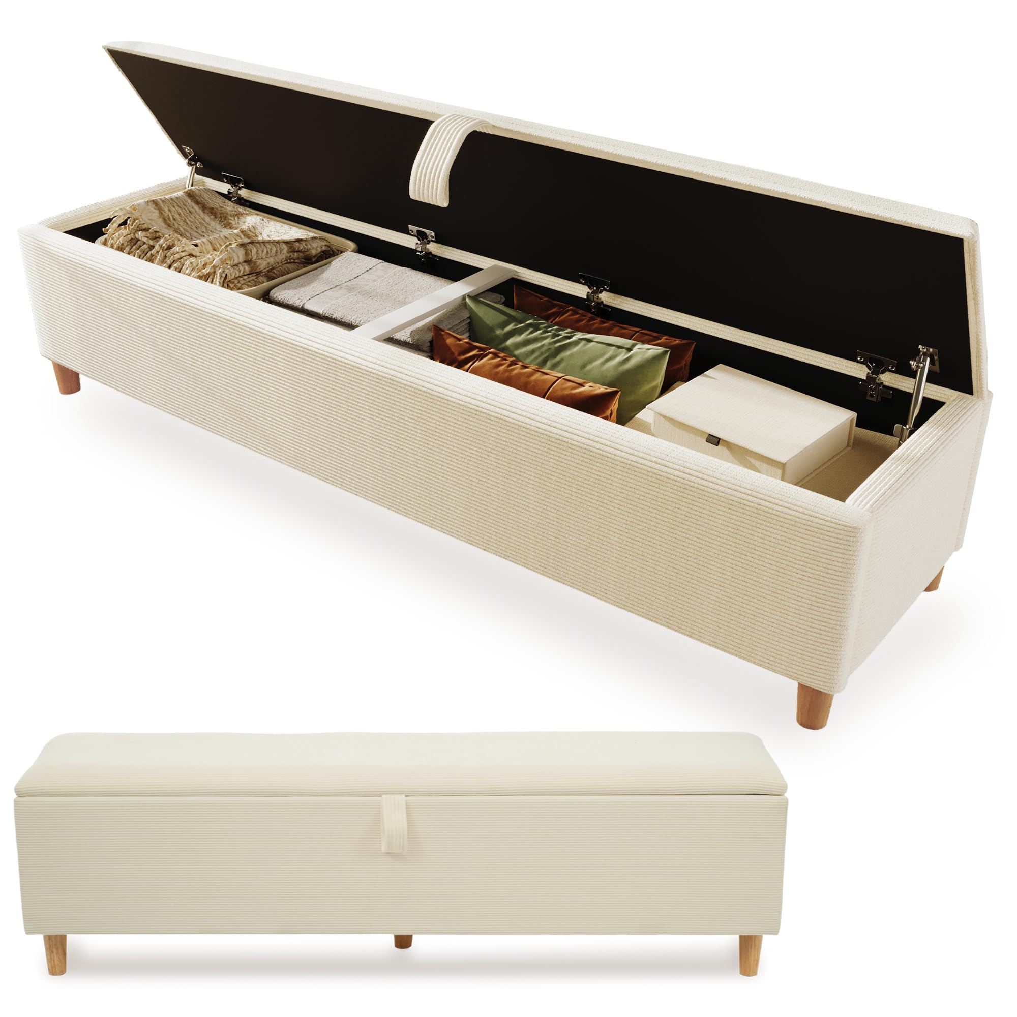 TIZZ Panca da letto 165 x 38 cm con spazio di archiviazione, panca imbottita con vano portaoggetti idraulico, adatta per camera da letto, soggiorno, corridoio, effetto cord beige
