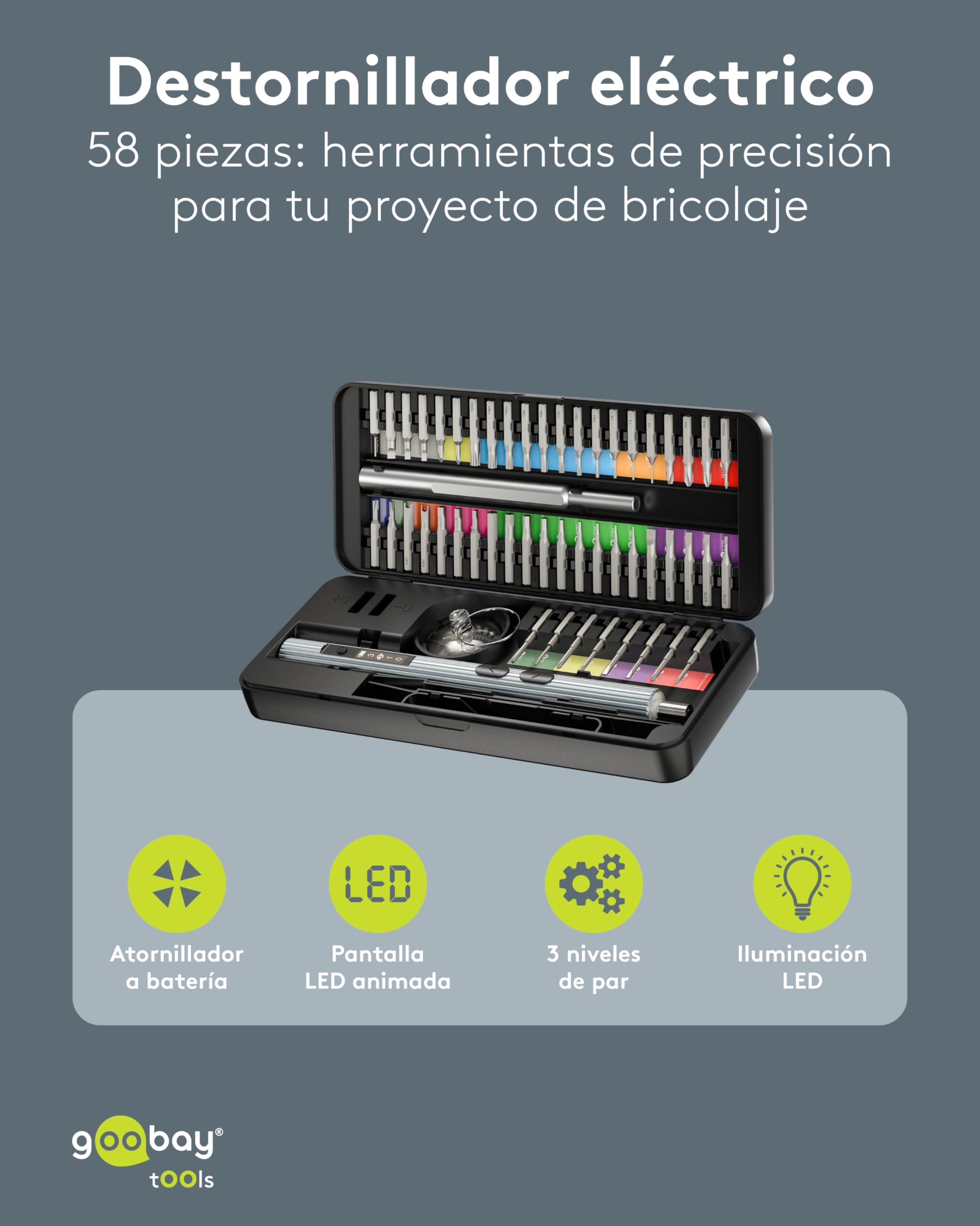 goobay Destornillador eléctrico a batería 58 en 1 con 50 puntas de precisión, funda de aluminio magnética, 4 luces LED de trabajo, carga USB-C, ideal para electrónica, mecánica precisión y bricolaje