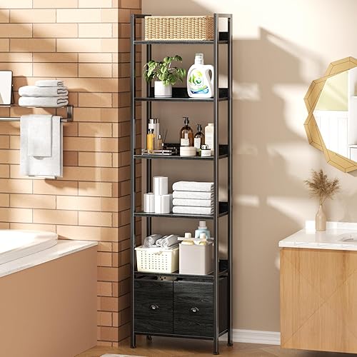 Miniatura 7 de Furologee Estantería de 6 niveles, estantería alta con 2 cajones, organizador de almacenamiento de exhibición industrial, estante de almacenamiento