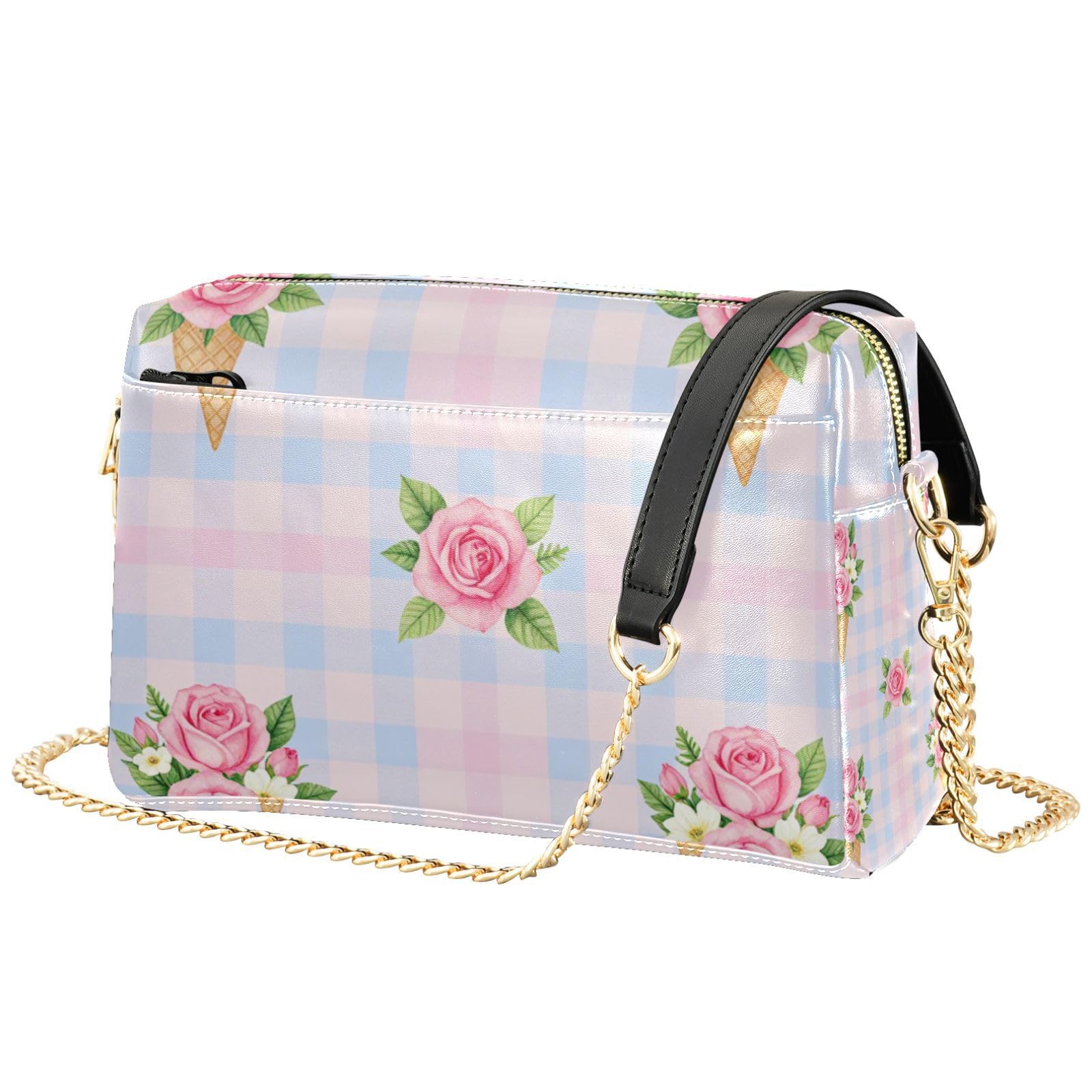 FRODOTGV Damska torebka crossbody na ramię o pojemności 2,5 l | Trwałe etui na karty ze skóry PU i wewnętrzna kieszeń lekka plaża zajęcia na świeżym powietrzu róża w kratkę