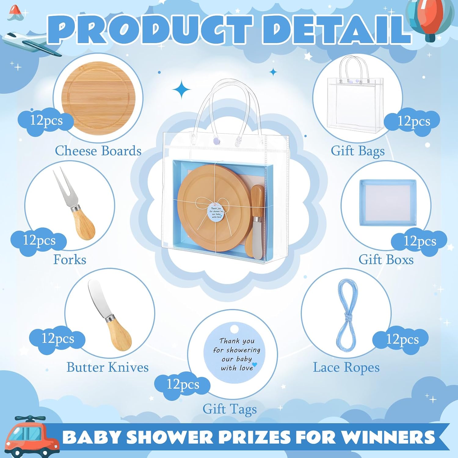 LemonRoad 12 Set Blue Baby Shower Prize for Games Winner Baby Shower Favors Gifts Wood Cheese Board Set Including Spoon Fork Butter Spreader Tags Gift Bag for Gender Reveal Wedding Bridal Party Prizes