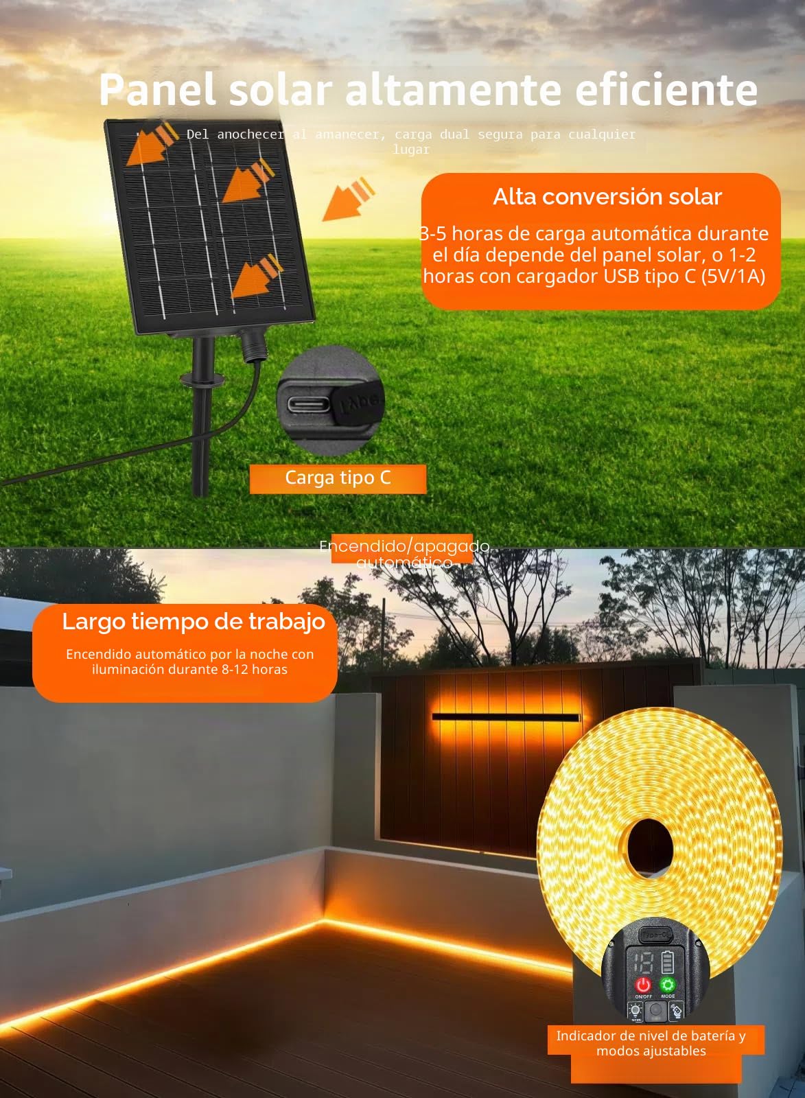 Gaoxun Tira de luces LED solares de 32.8 pies para exteriores, 640 LED, luz blanca cálida flexible con control remoto, regulable, 8 modos, cuerda de luces impermeables IP68, autoadhesivas, para jardín