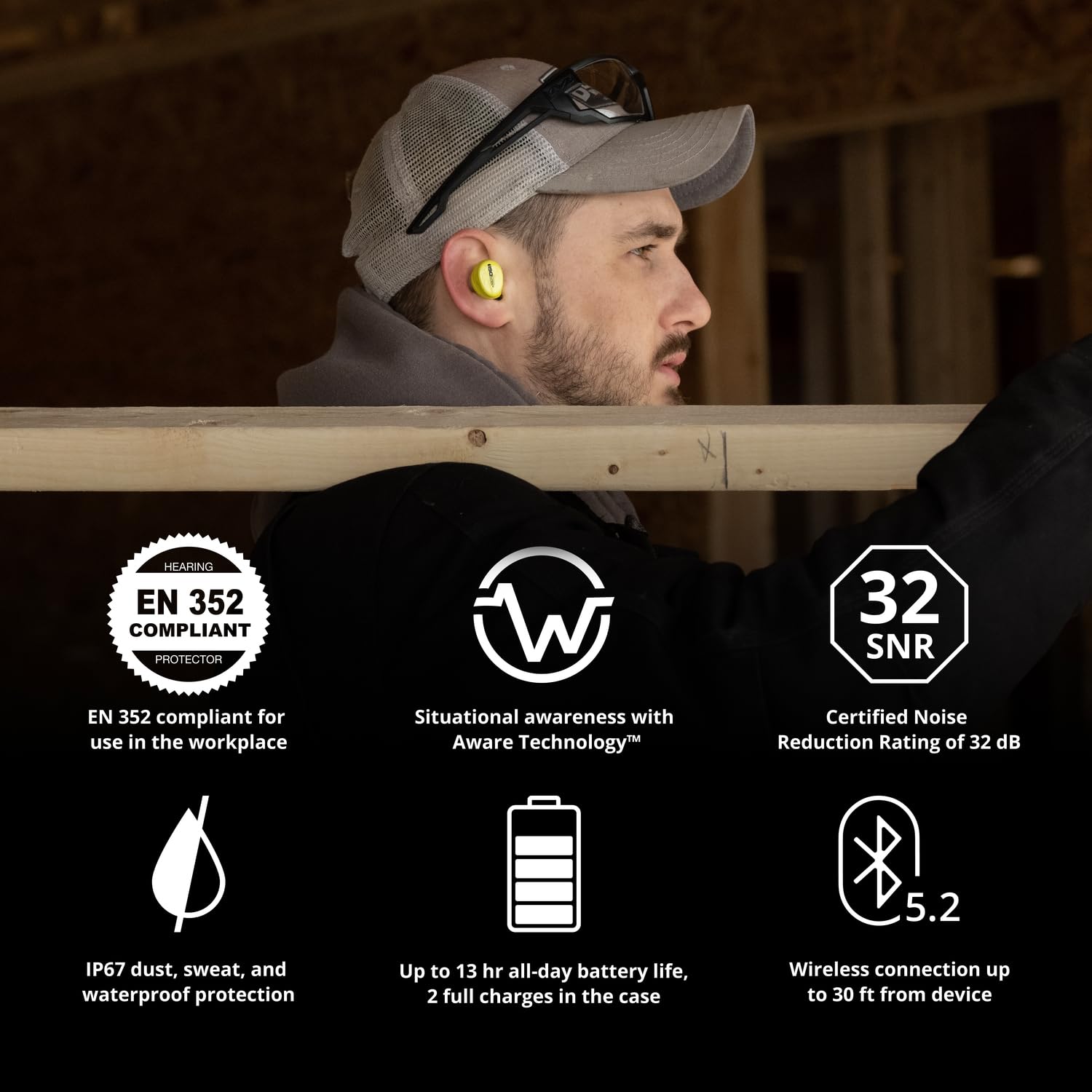 ISOtunes Free Aware Gehörschutz: EN352-zertifizierte True Wireless Bluetooth-Ohrhörer mit Audio-Passthrough-Technologie