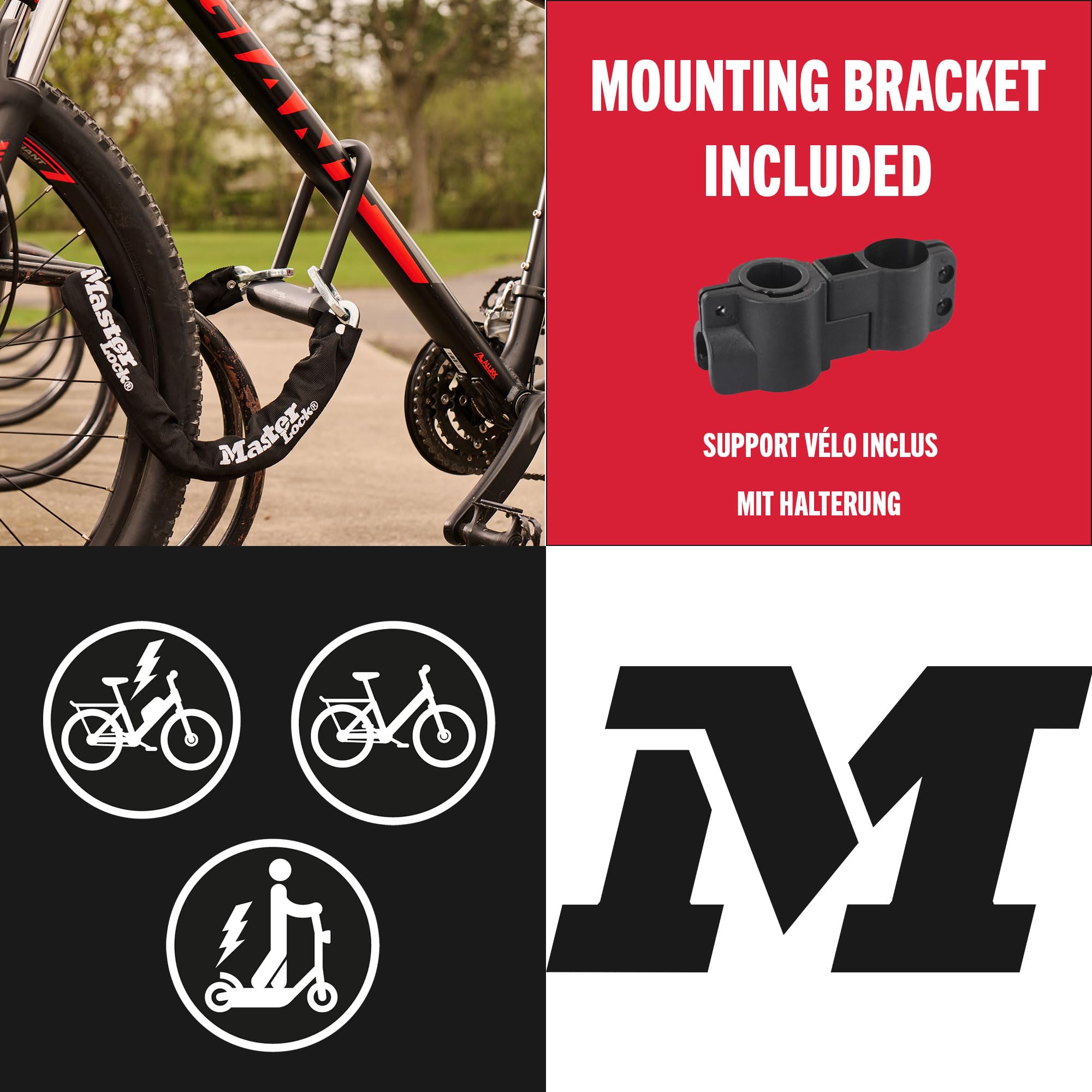 Master Lock 8376EURDPRO Antivol à chaîne pour vélo certifié haute résistance avec mini antivol en U à clé, homologué par la police, 220 x 75 mm, noir