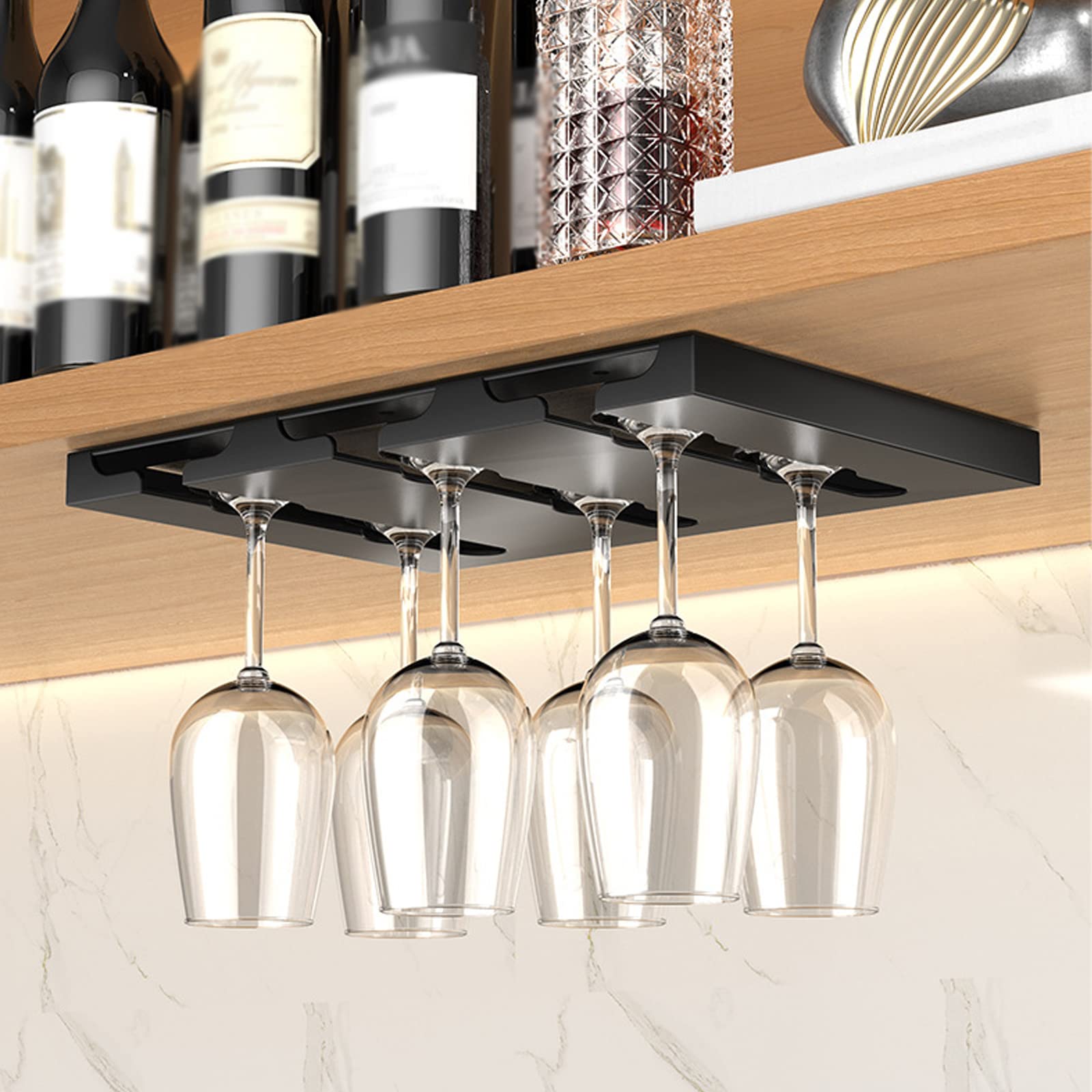 Porta Bicchieri Vino Acciaio Inossidabile Sotto l'Armadio Calici Appeso Supporto Senza Foratura Metallo Bicchieri Vino Asciugatura Organizzatore Stoccaggio per Armadio Cucina Bar (3 Slot)