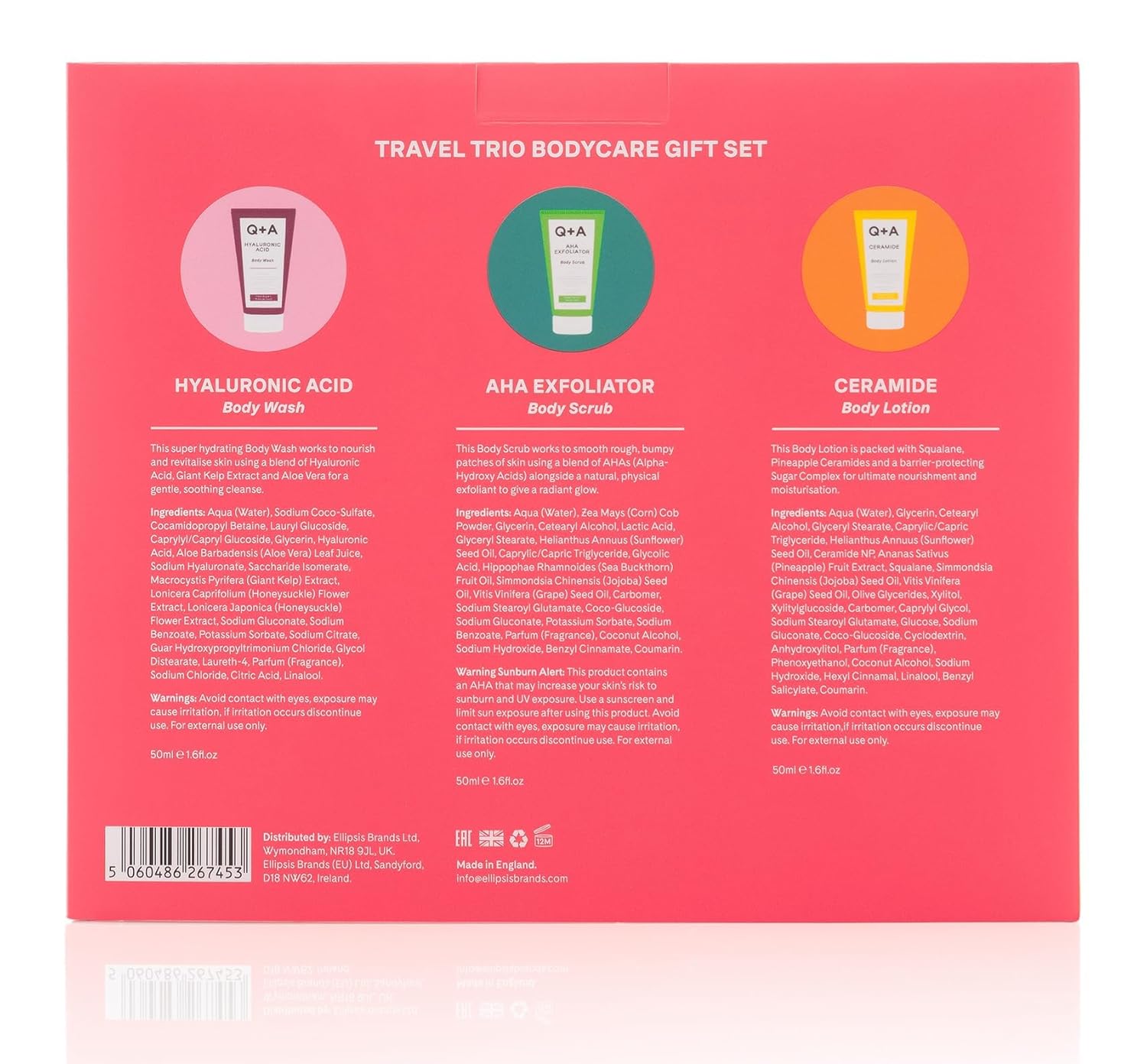 Q+A Travel Trio Body Care Giftset, containing a Hyaluronic Acid Body Wash, AHA Exfoliator Body Scrub, and a Ceramide Body Lotion, each item 50ml - Image 7