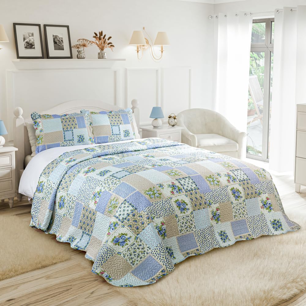 Emma Barclay Cotswold - Quilted Patchwork Bedspread Set in Blue - Double