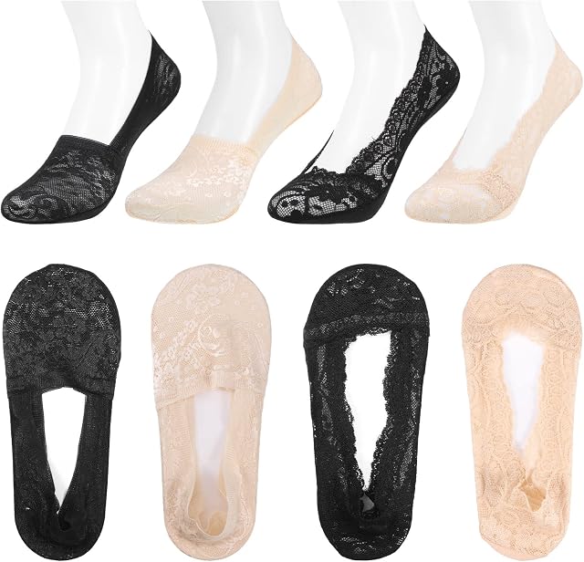 Geyoga 4 Pairs Low Cut Lace Boat Socks Non Slip Ankle Socks for Women Girls Casual Invisible Socks No Show Socks Grip Liner Socks for Sneakers, Black, Beige