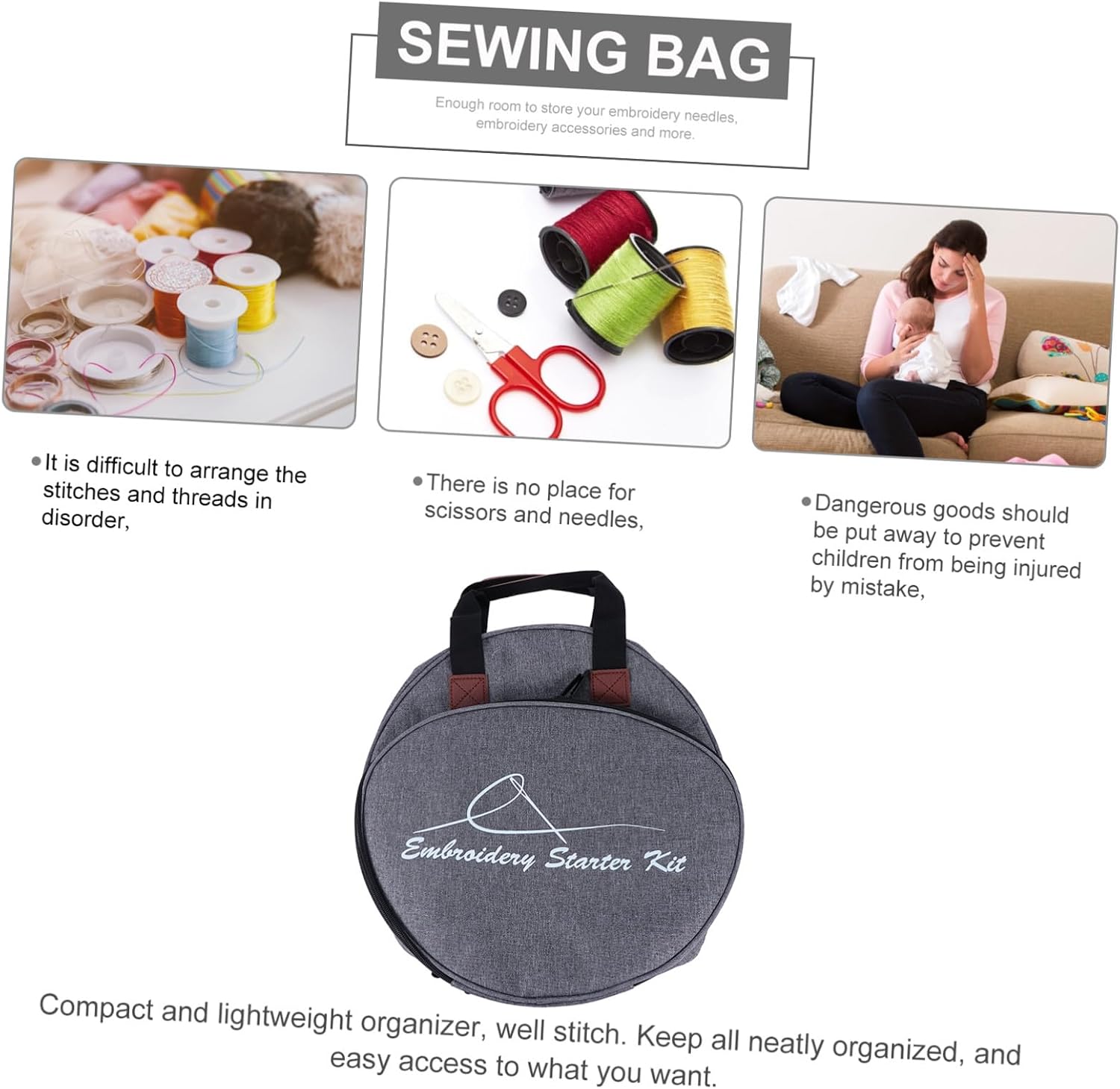 HOMSFOU Embroidery Project Carrier Bag Multi-Pocket Storage for Embroidery Kits Grey Color for Home Travel Use Keeps Accessories Organized