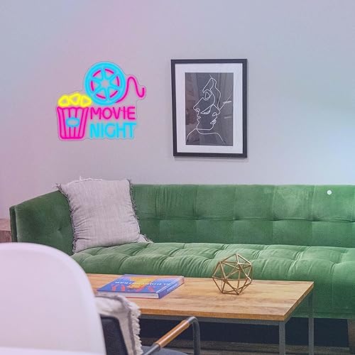 Miniatura 7 de Noche de cine con caja de papel de palomitas de maíz, luz de neón LED de cine para decoración de pared, decoración de cine en casa, luces de neón