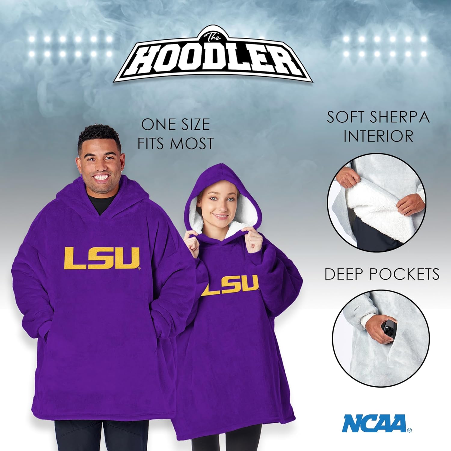 Northwest NCAA LSU Tigers Hoodler Oversized Sherpa Pullover, Embroidered Logo,Plush Wearable Blanket Sweatshirt, Soft Fleece with Front Pocket, One Size Fits Most
