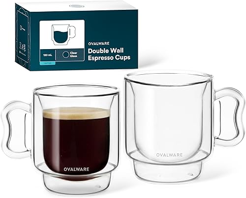 ovalware RJ3 - Tazas de café expreso de 4 onzas (juego de 2) taza de doble pared con mango de mariposa sólida – Elegante taza de café espresso de