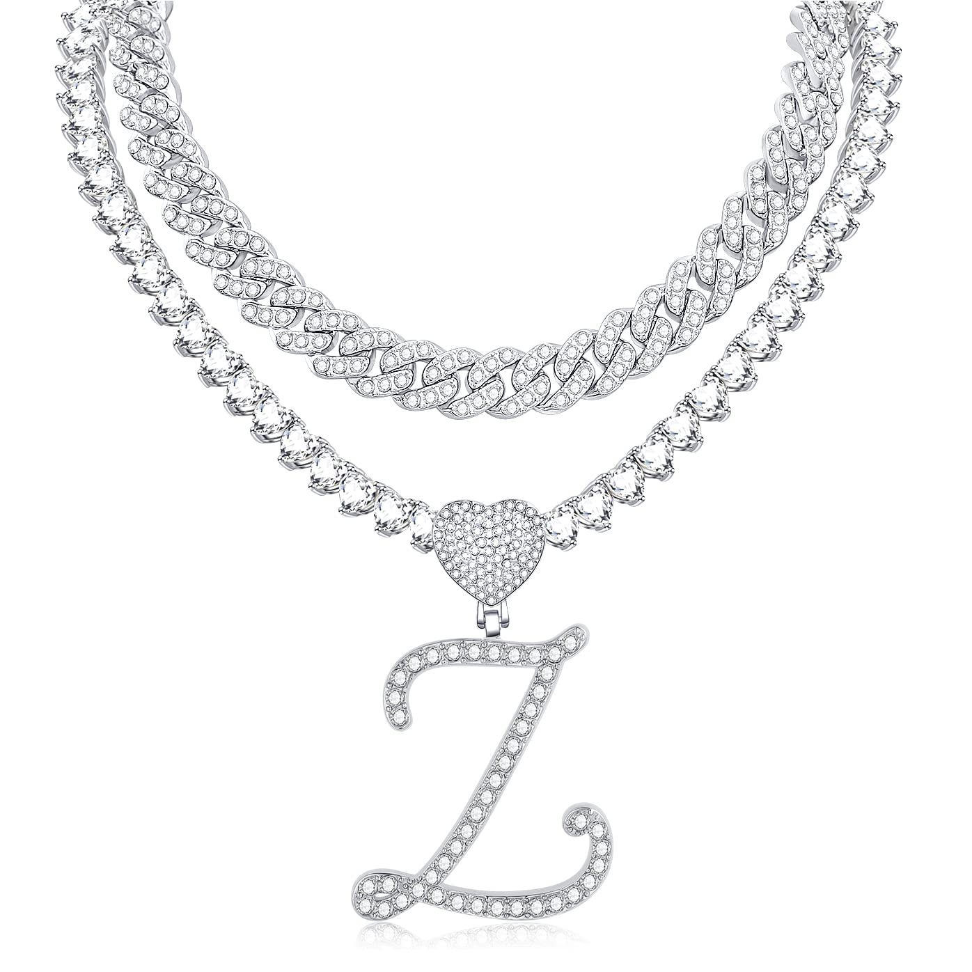 KOHOTA Cursive Silver Initial Pendant Necklace for Women Miami Cuban Link Chain Layered Heart Shape Bling Diamond Iced Out Chain Pendant Necklace Hip Hop Jewelry Gift, Metal, Cubic Zirconia
