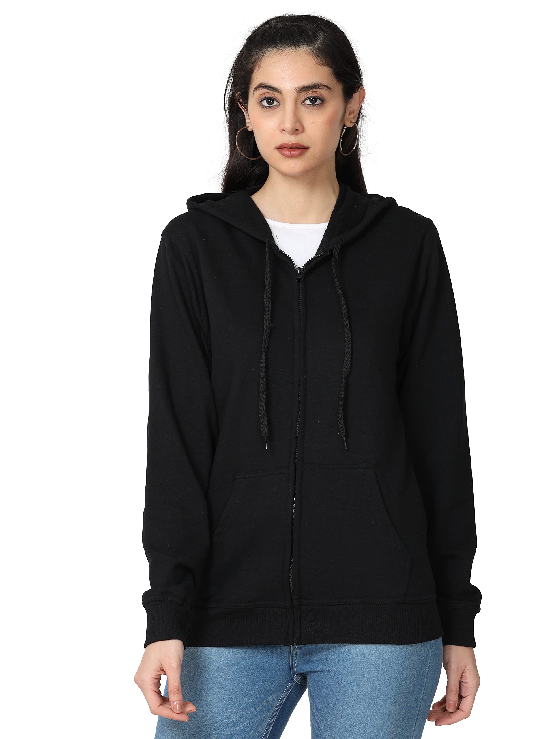Women's Cotton Plain Hooded Neck Full Zipper Sweatshirt Hoodies with Kangaroo Pocket