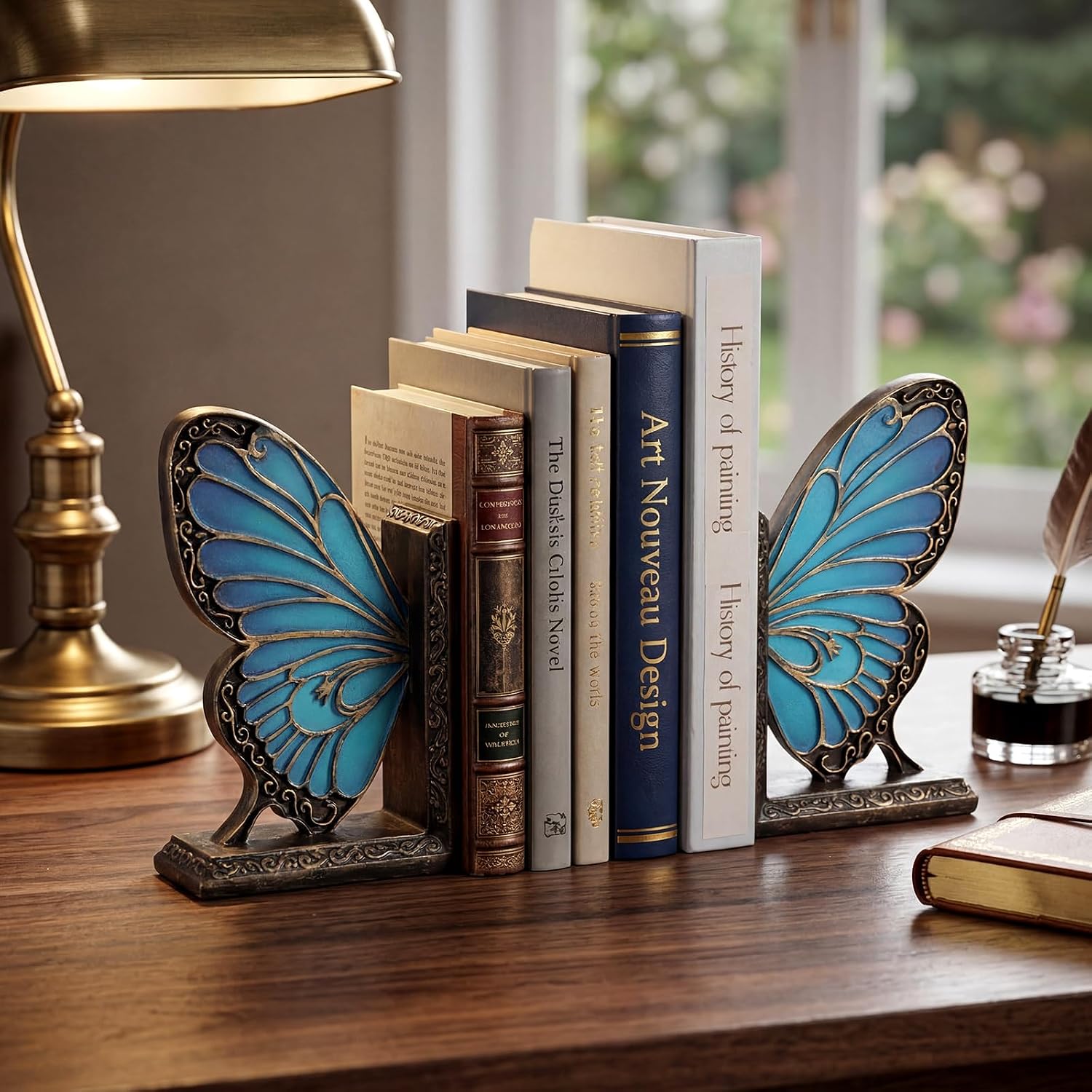 Epakh 2 Pcs Vintage Blue Butterfly Bookends Resin Book Ends for Shelves Heavy Duty Decorative Bookends Butterfly Book Stopper Holder Decor for Desk Home Office, Shelf Decoration Special Creative Gifts