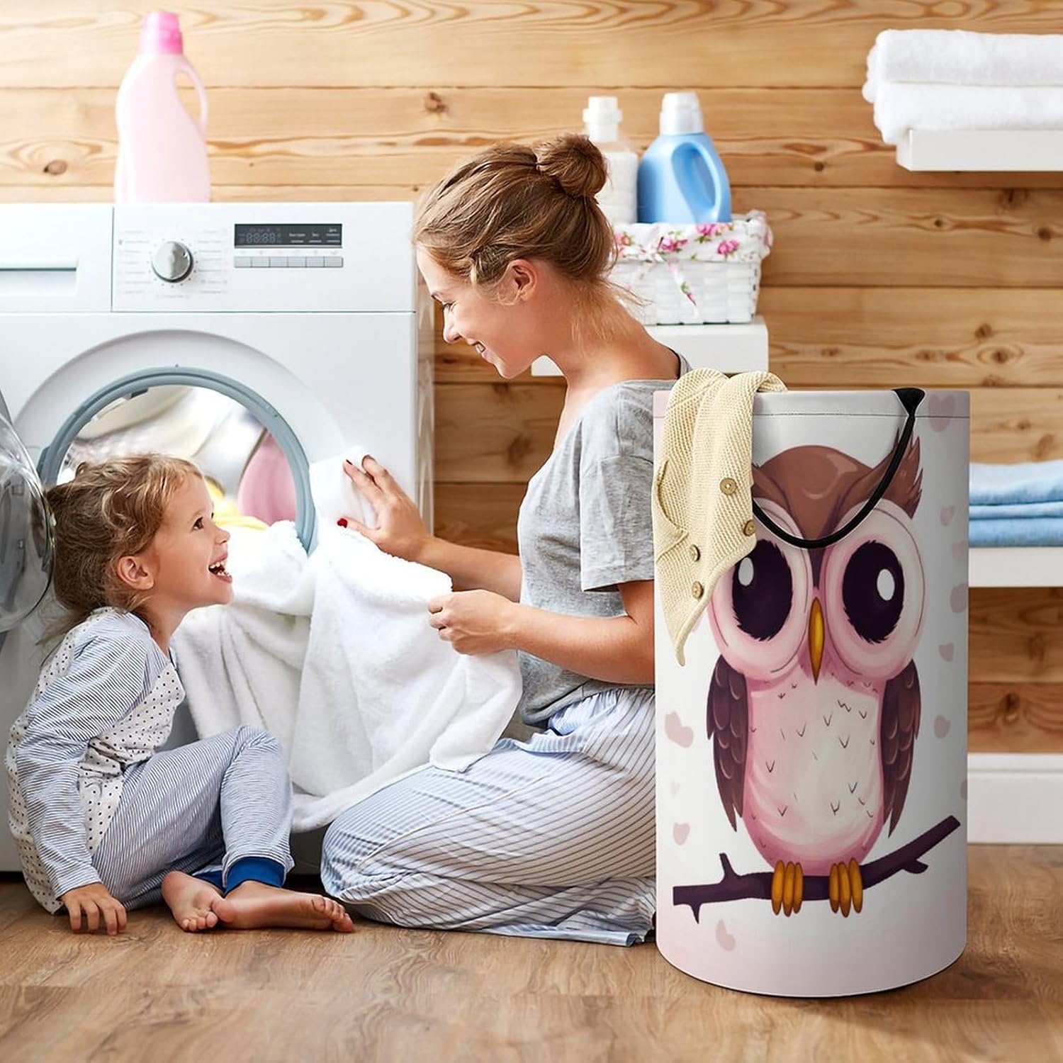 Cute Owl Laundry Hamper with Handles Waterproof Collapsible Laundry Basket Large Lightweight Round Dirty Clothes Hamper for Home Dorm Bathroom Decor