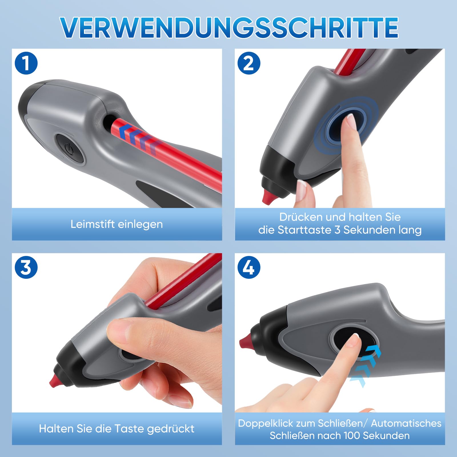 Kabellose Heißklebepistole mit Akku - 6S Schnellvorheizen & Automatischer Tropfschutz, Inkl. 6 Farbigen Bastel-Heißklebestiften (185mm) für Handwerk und Dekoration