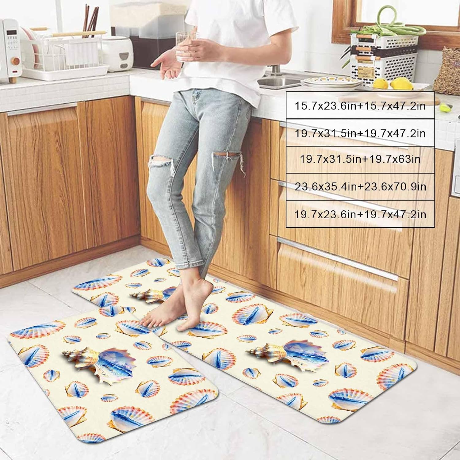 Prime Leader Ocean Shell Kitchen Mat Set 2 Pieces Summer Seaside Beach Wave Conch Beige Background Non Slip Kitchen Rugs Washable Runner Rug Mats for Sink Laundry (19.7" x 31.5"+19.7" x 47.2")