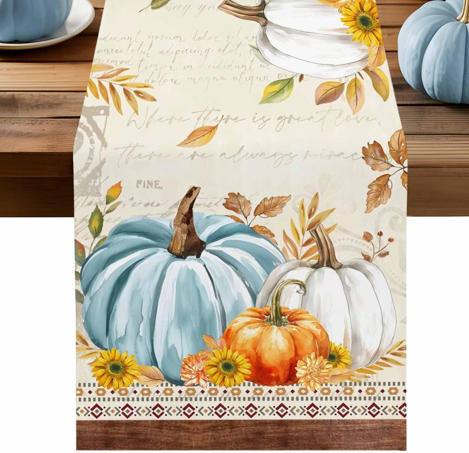 Fall Table Runner 13x108 Inches Long Pumpkin Maple Leaves Table Runners Cotton Linen Sunflower Wood Grain Autumn Dresser Scarf Kitchen Dining Table Decor for Harvest Thanksgiving Holiday Party Coffee