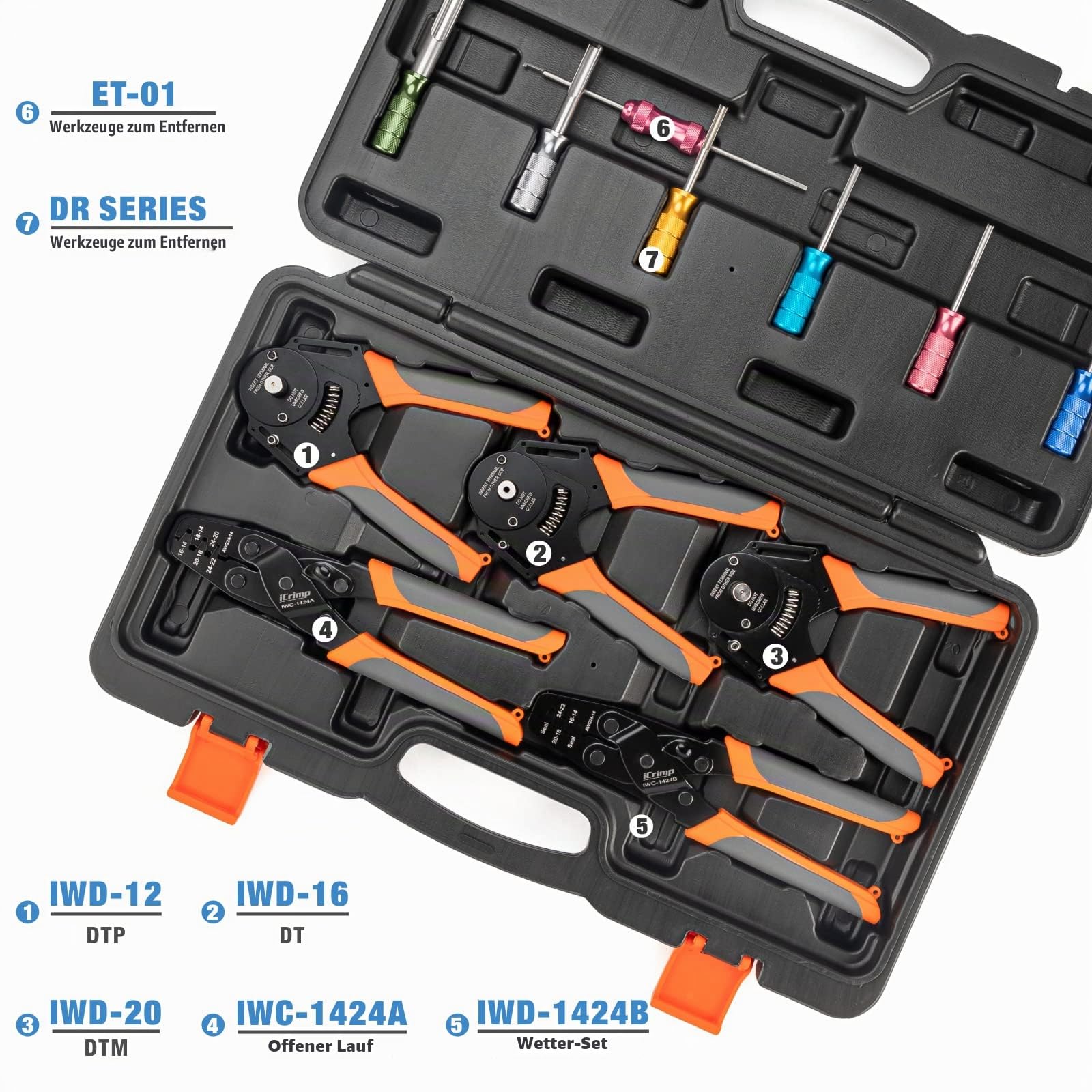 IWISS KIT-DC01 Rapair-Werkzeugsatz für Kraftfahrzeuge mit Crimpwerkzeugen und Ausbauwerkzeugen für Deutsch-Terminals und Wetterpaket-Terminals