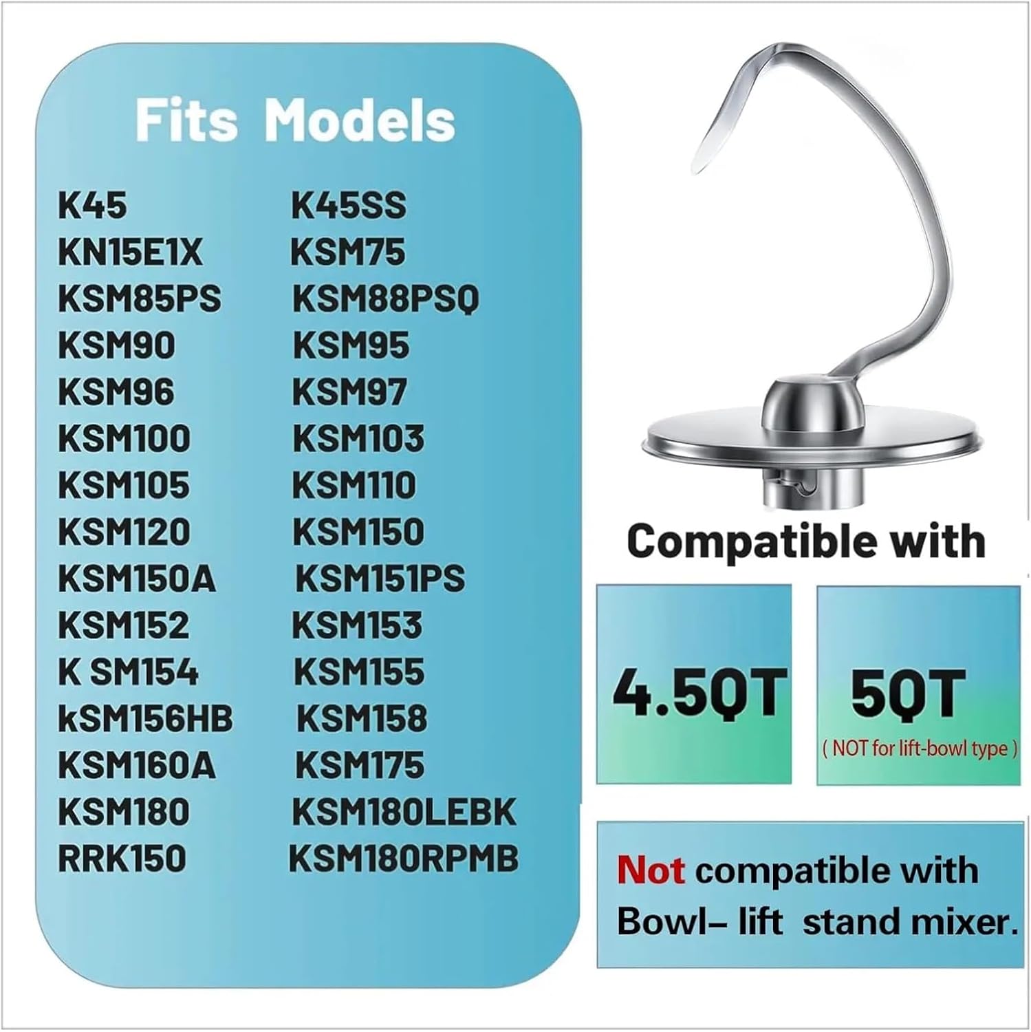 Compatible for Kitchenaid 4.5-5QT Tilt-Head Stand Mixer Dough Hook Polished