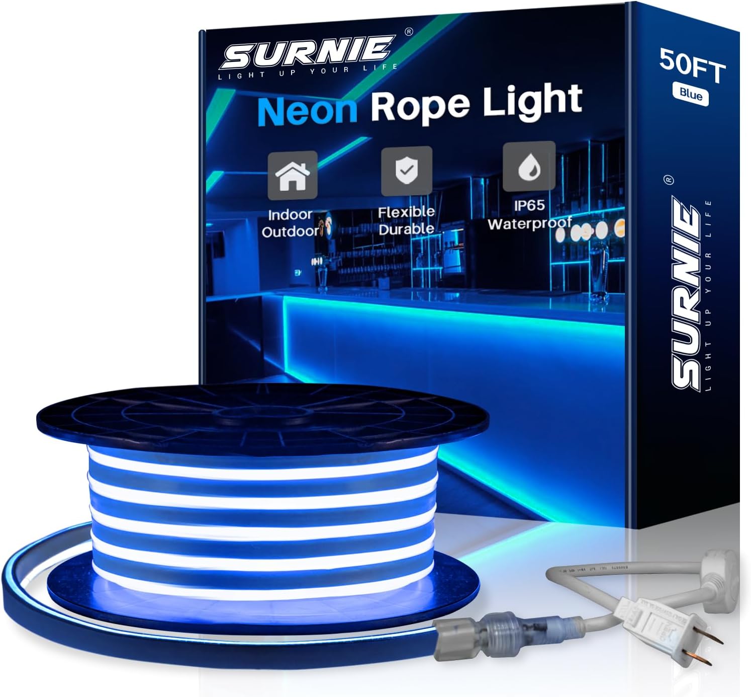 SURNIE 50ft LED Neon Rope Lights - 110V Flex Blue Neon Light Outdoor Waterproof - DIY Neon Strip Lights for Bedroom, Flexible Cuttable Connectable Indoor Outdoor, Commercial Building Use
