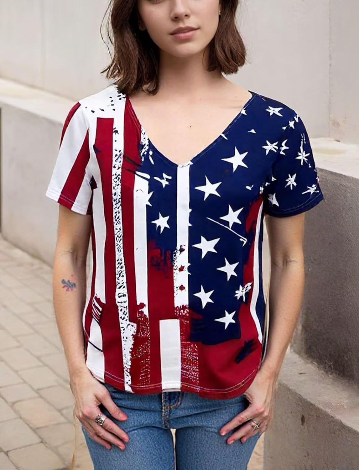 American Flag Shirt for Women V Neck Flag Graphic Tees Patriotic Short Sleeve T Shirts Summer 4th of July Tshirts - Image 2