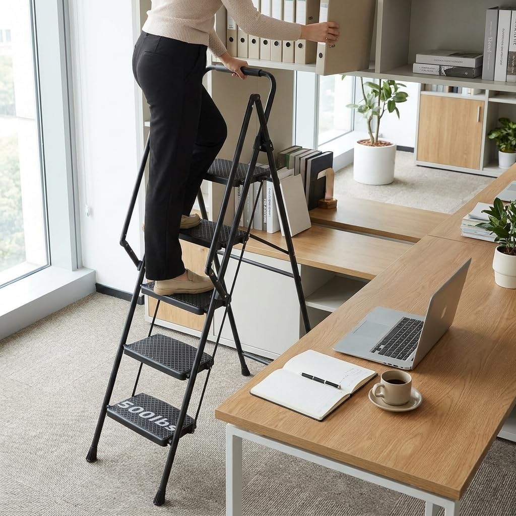 5-Step Folding Ladder Stool, Steel Step Ladder with Anti Slip Wide Pedals and Folding ladders Handle, Lightweight Portable 300 Portable Ladder Folding Ladder Pound Capacity Ladde