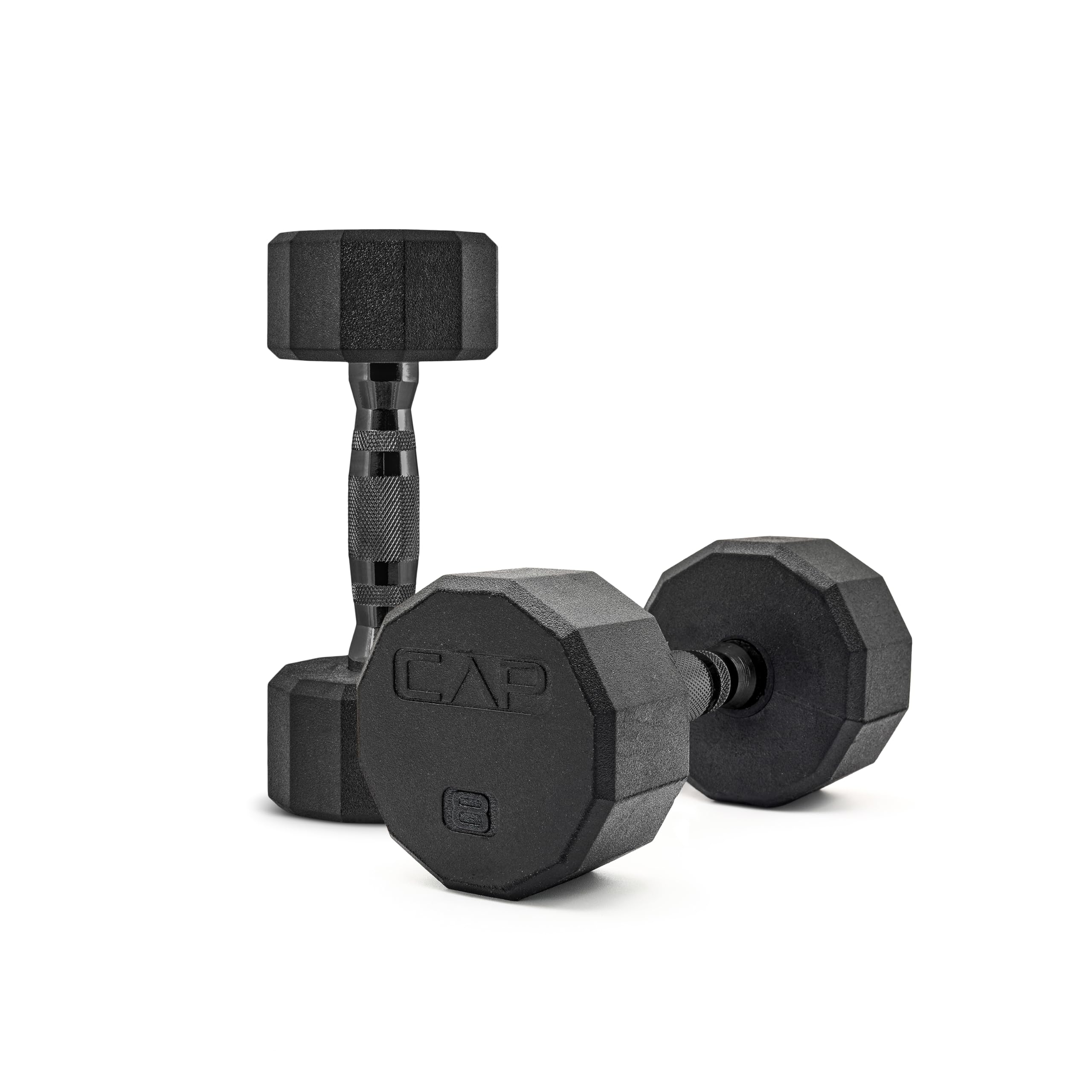 CAP Rubber Coated Dumbbell Weights, Free Weights for Home Gym Strength Training, Anti-Roll Hex Dumbbells with Black, Chrome &amp; Comfort Grip Handles, Pairs &amp; Sets