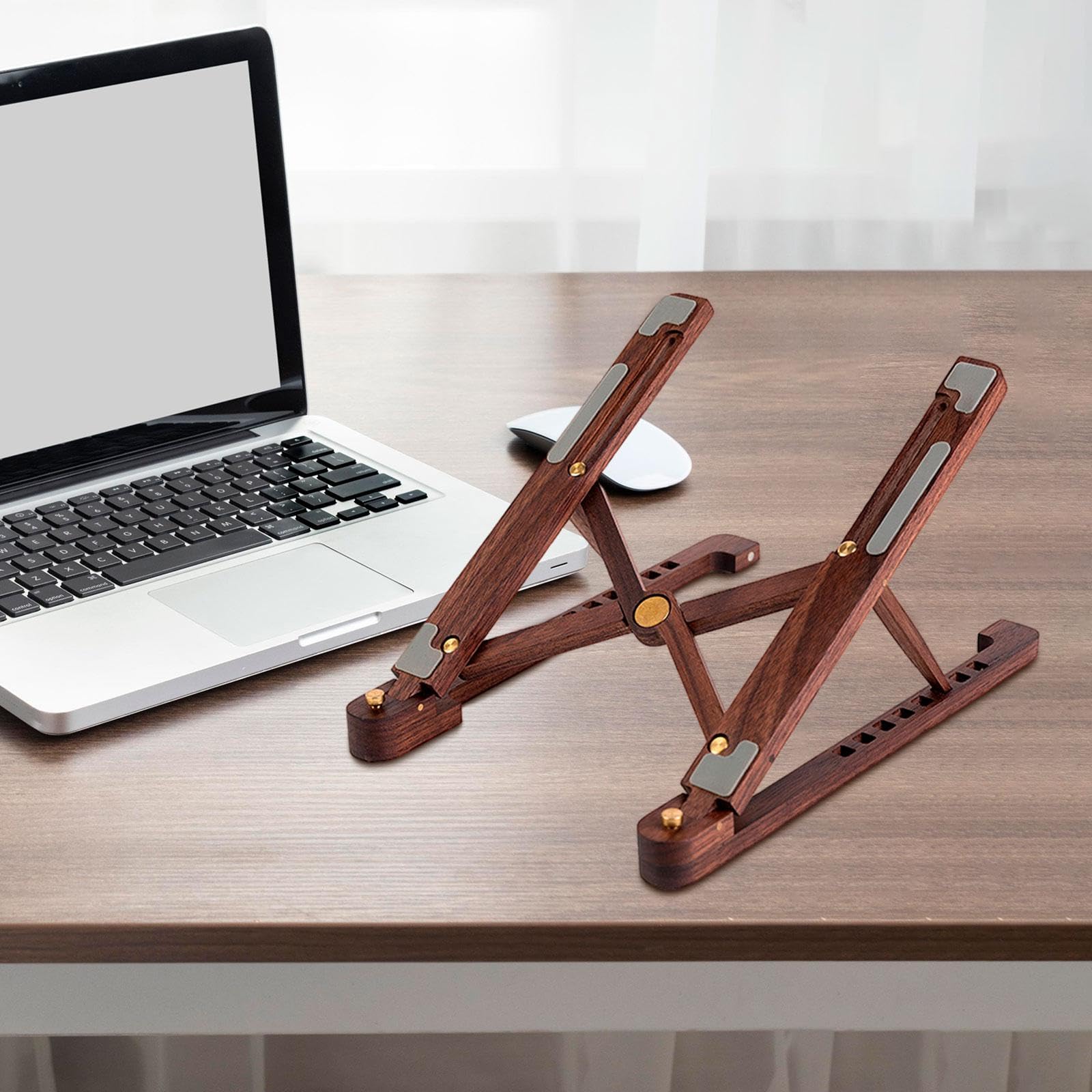 Supporto Pieghevole per Laptop, Supporto per Laptop Regolabile in Altezza, Antiscivolo, in Legno, per Computer Tablet, Notebook, Scrivania, Lavoro, Marrone scuro