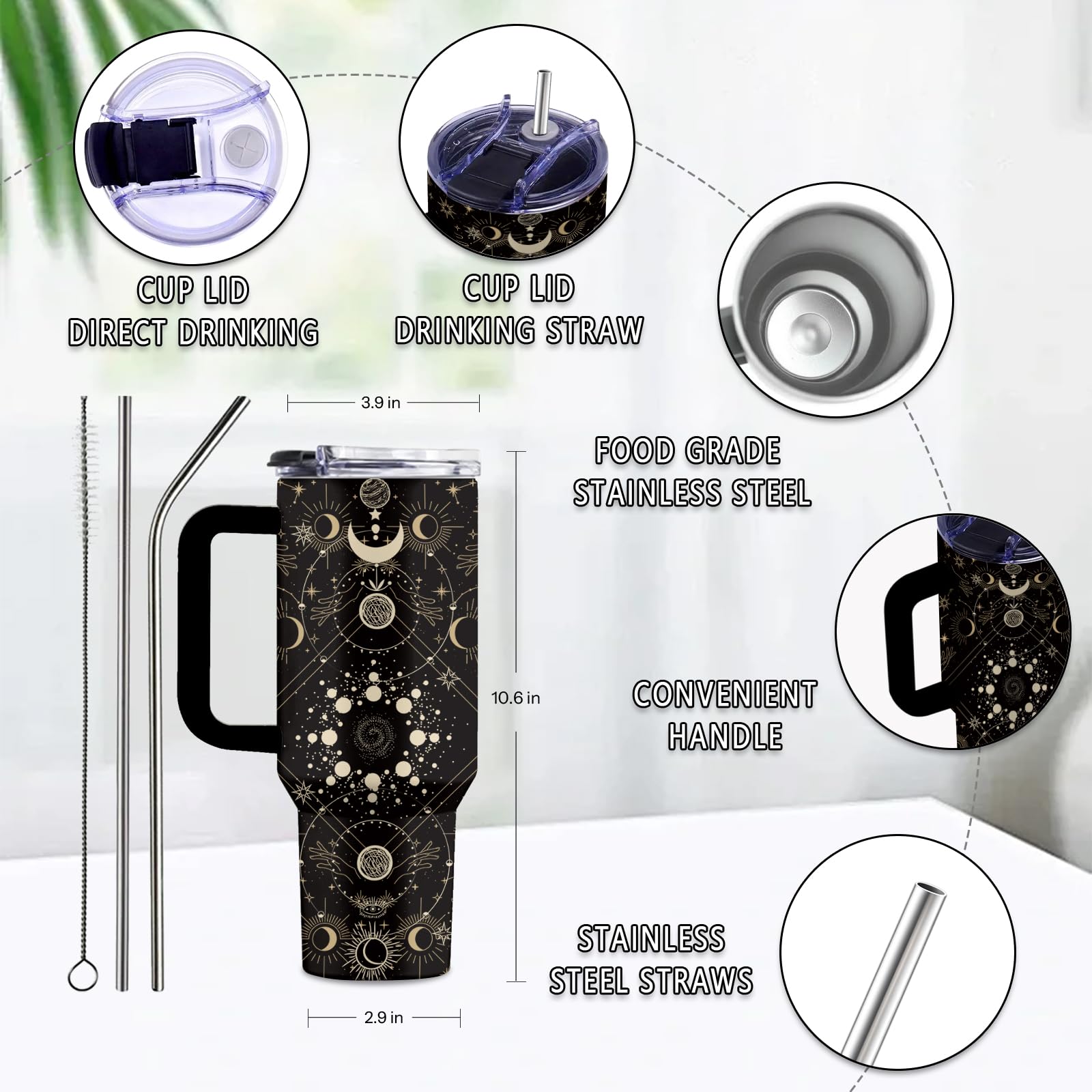 Goth Gifts for Women, 40 Oz Goth Tumbler with Handle & Straw, Birthday Presents for Goths Style Lovers, Stainless Steel Goths Tumbler, Moon Witchy Cup, Gifts for Thanksgiving Christmas, 1 PCS