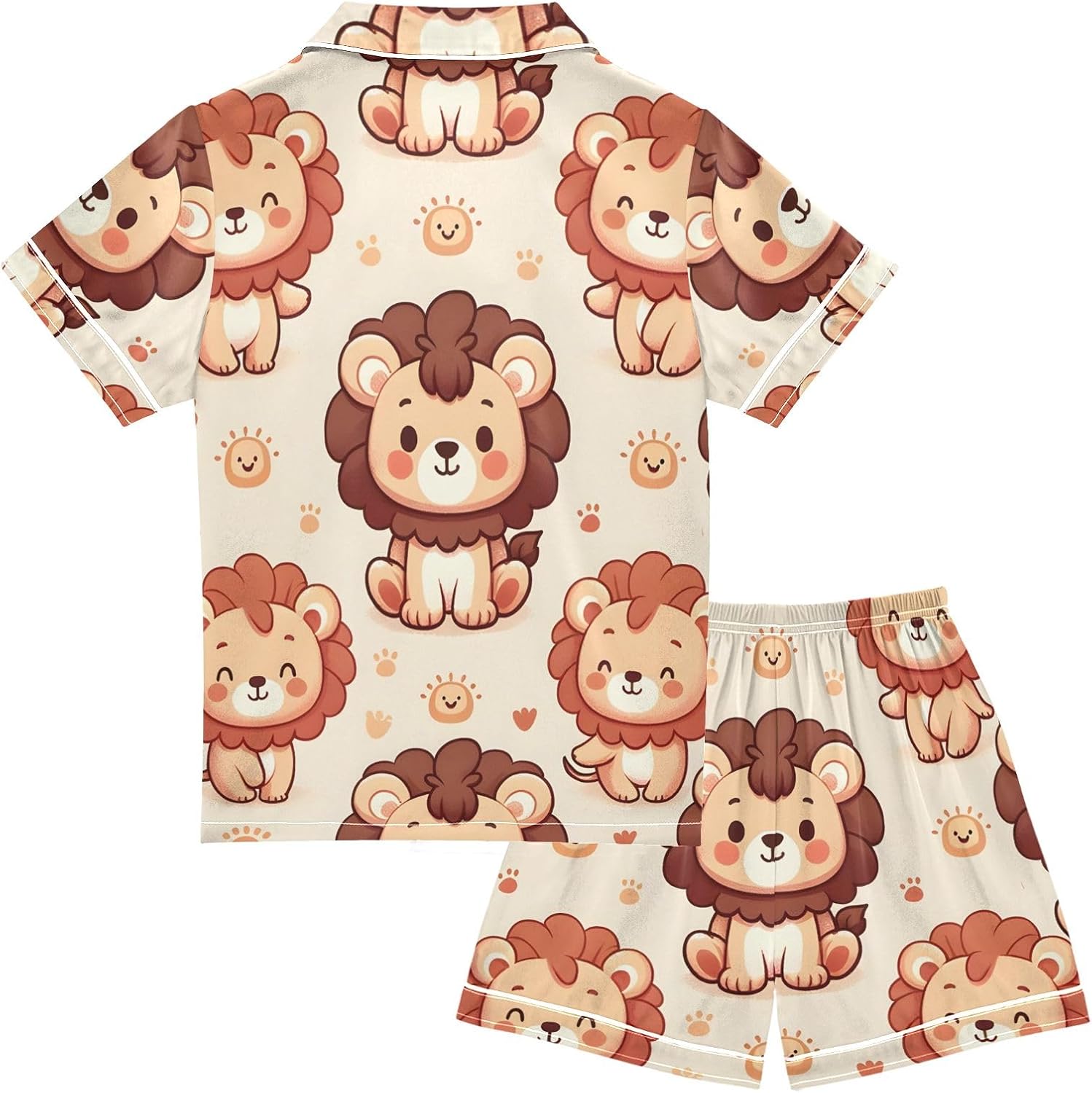 Kids Casual Satin Wear Set Pattern with Cute Lion Character Unisex Short Sleeve Clothing for Relaxing