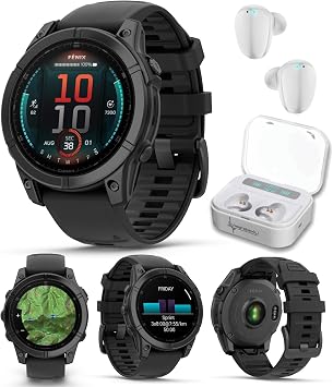 Garmin Fenix E 47 mm, AMOLED, Premium Multisport GPS Smartwatch, Long-Lasting Battery Life, Slate Gray Steel with Black Silicone Band with Wearable4U White Earbuds Bundle