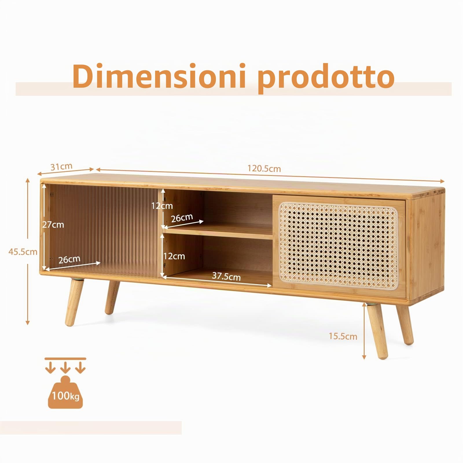 GIANTEX Mobile TV da 120 cm con 2 Ripiani，Supporto TV in Bambù, con Porte Scorrevoli in Rattan e Vetro Temperato,120,5x31x45,5 cm