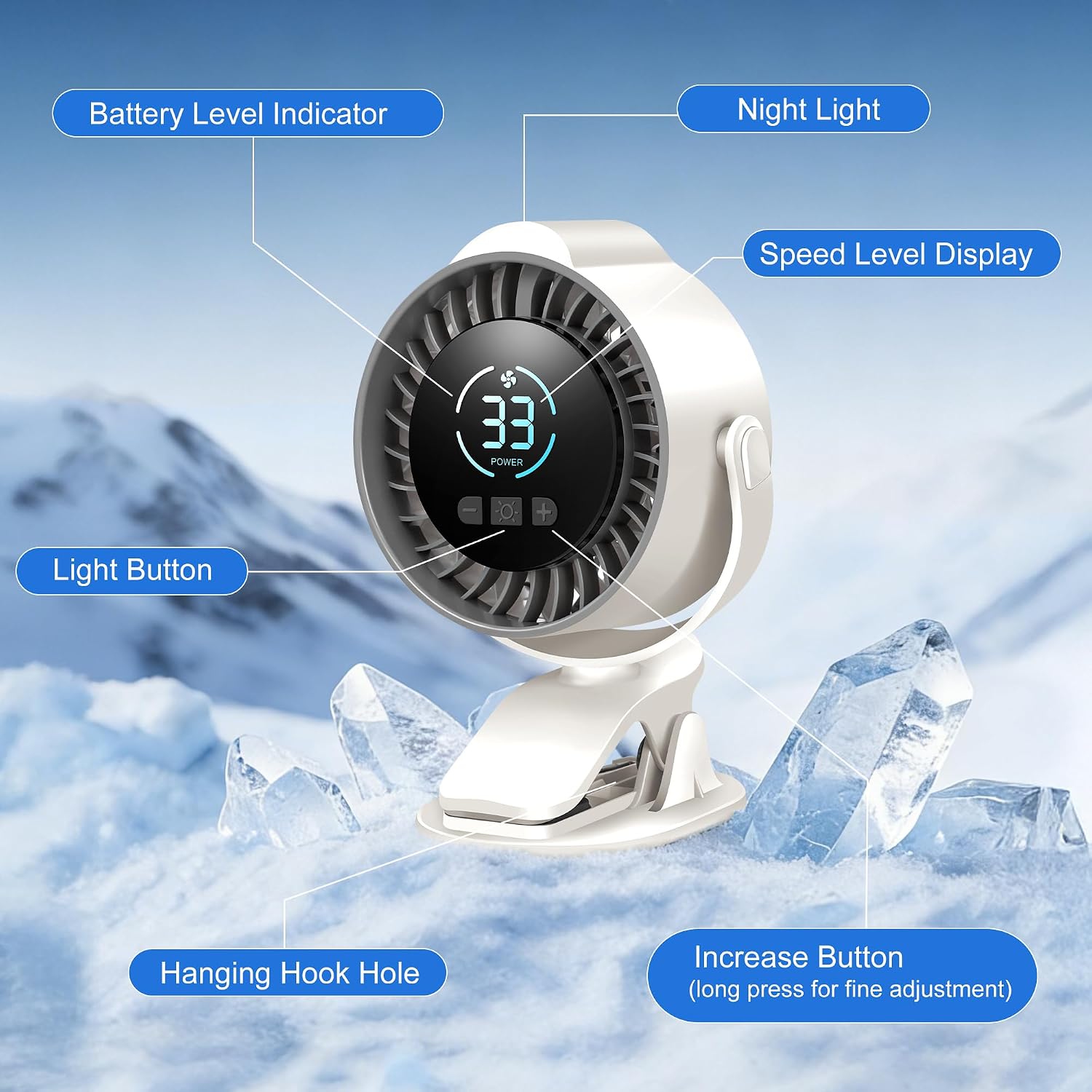 Clip On Rechargeable Fan with LED Light 100 Speed (Need Long Press), 720° Adjustment, Small Protable Desk Fan Quiet Clamp Base 12H Battery, 7 Blades for Dorm Bedroom Travel Camping
