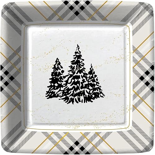 Platos de papel decorativos desechables de 7 pulgadas, platos de Navidad de invierno de las maravillas, fiesta de Navidad en blanco y negro, cuadros