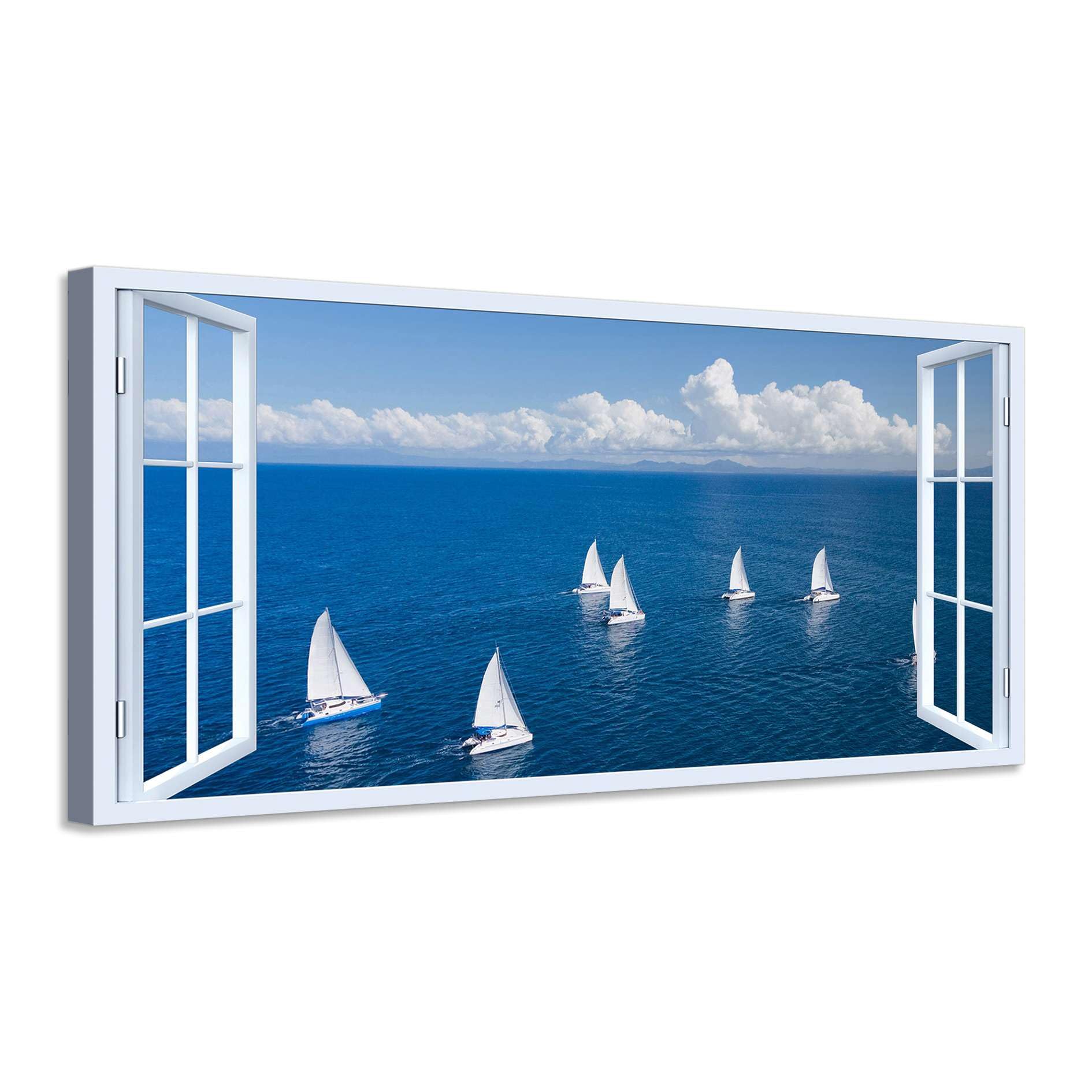 Generico Quadro finestra Barche a Vela sul Mare - Stampa su tela con telaio in legno - 140x70 cm
