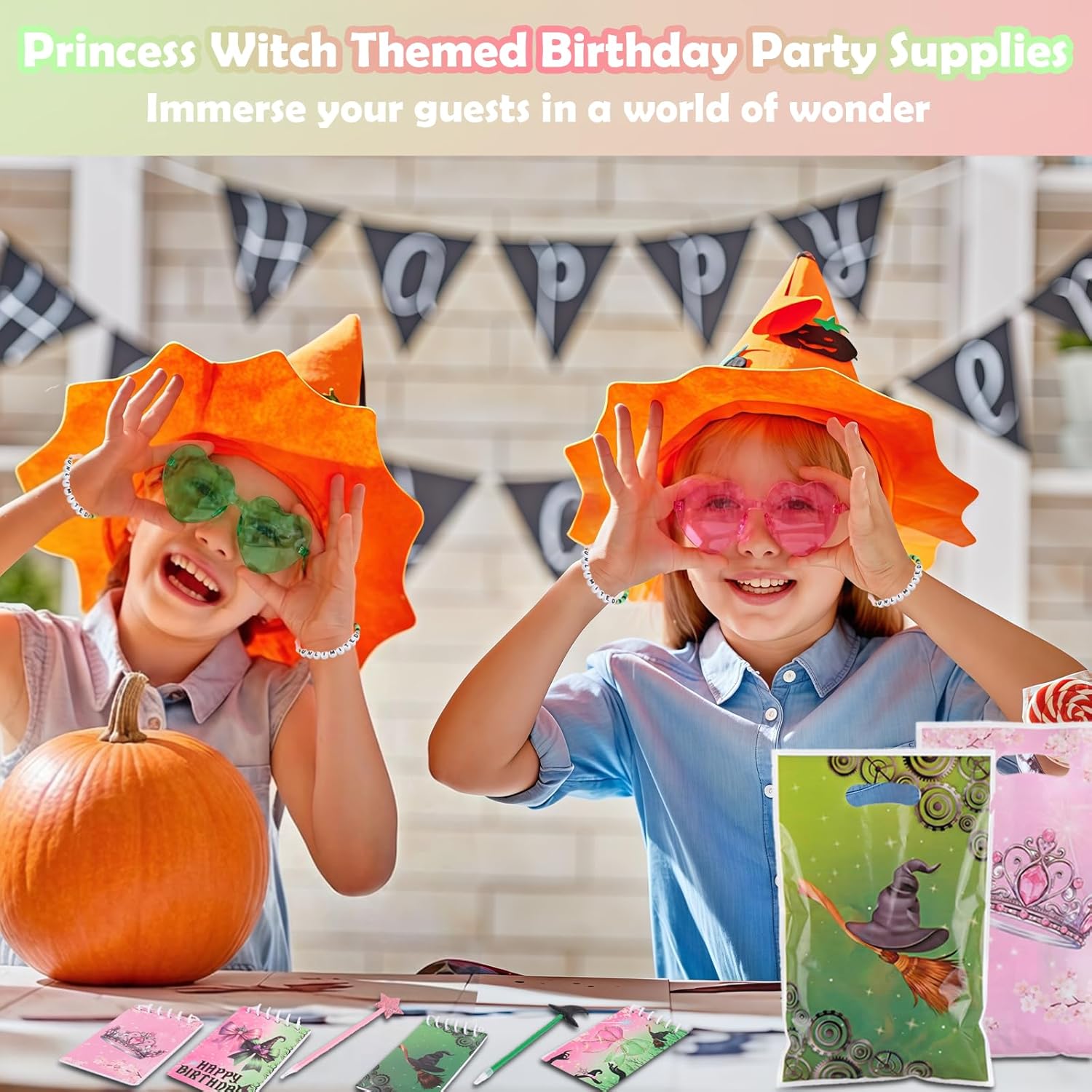 74 Pcs Pink and Green Wicked Party Favors Witch Favor Goodie Bag Stuffers with Sunglasses, Notepad, Temporary Tattoos, Bracelets for Kids Girls Princess Witch Themed Birthday Party Decorations - Image 7