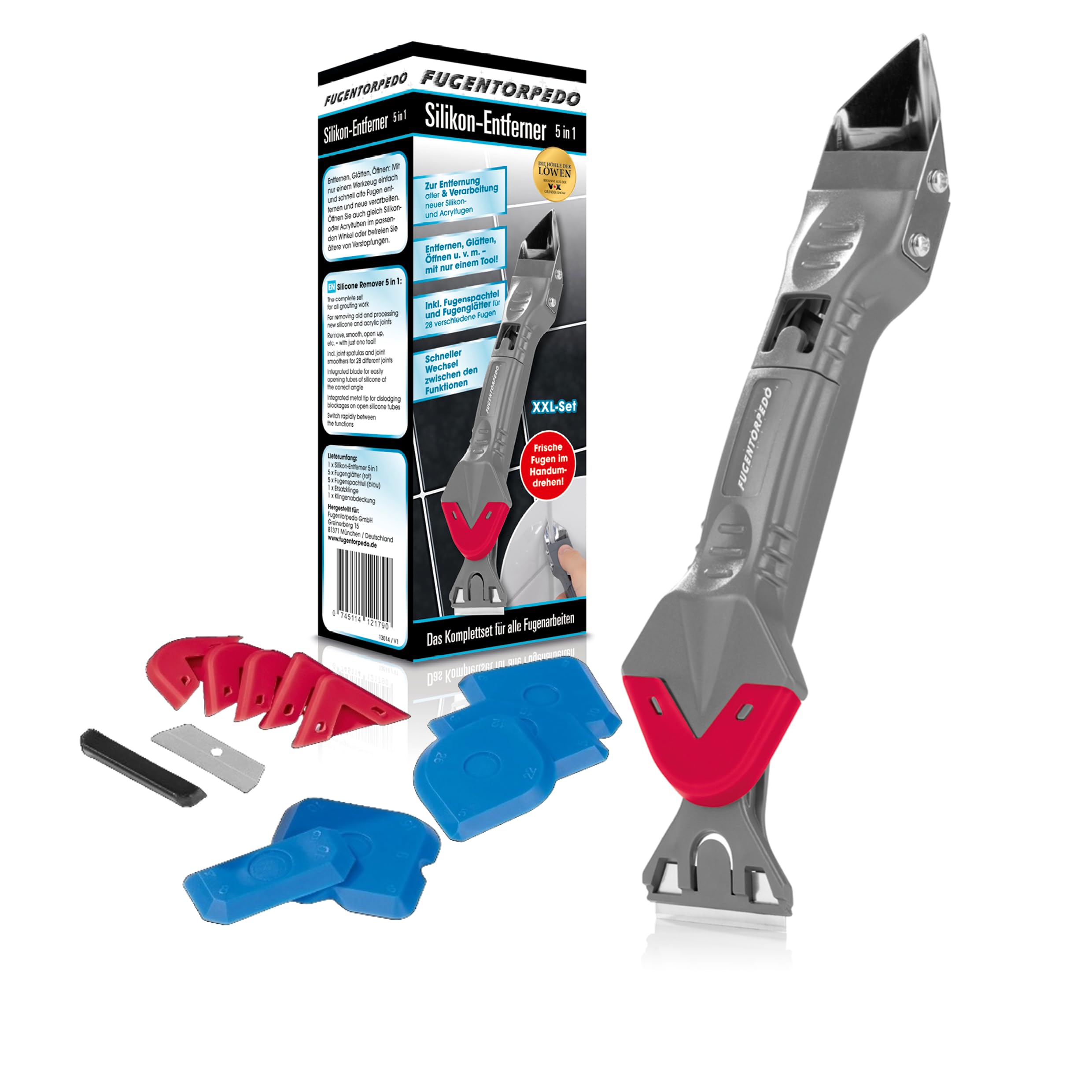 FUGENTORPEDO® Silicone Remover 5-in-1 for Removing Old and Processing New Silicone and Acrylic Joints | Removal and Smoothing with Just One Tool for 28 Different Joints