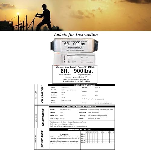 Vista 13 de Línea de vida vertical de 100 pies para montar cuerda de tres hebras, protección contra caídas con ganchos de agarre de cuerda, amortiguador