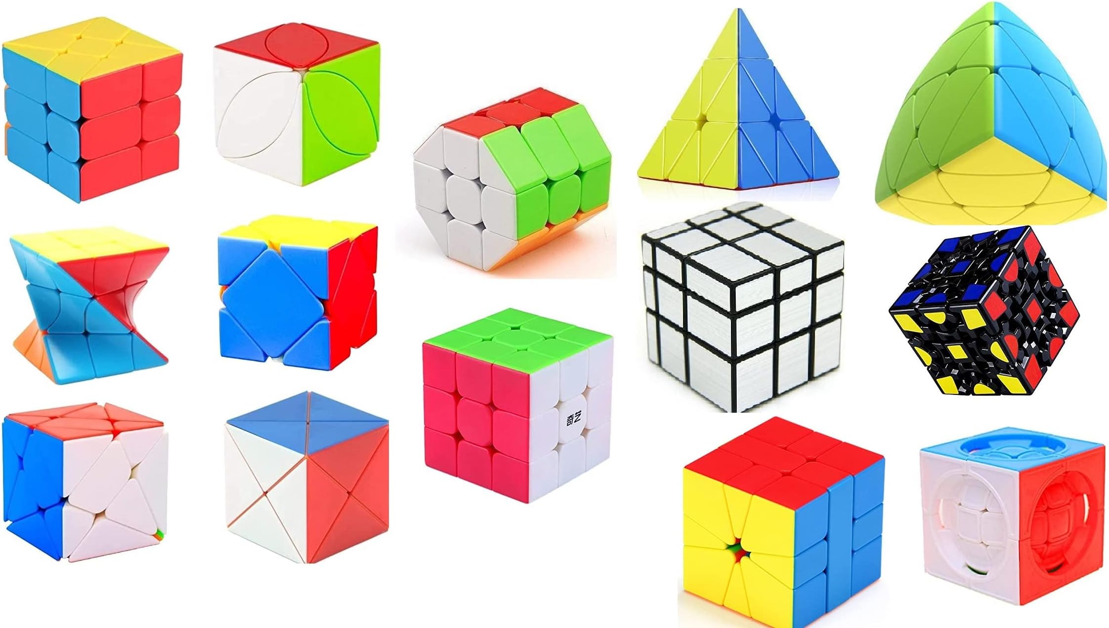Newille Combo of 14 Cube 3x3, Pyramid, Mastermorphix, Silver Mirror, Octagonal Barrel, Twisty Gear, Dino Skewb, Axis, Windmill, Ivy Leaf, Centrosphere, Twisted And Square - High Speed Magic Puzzle