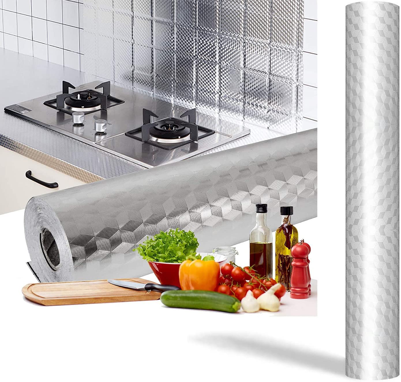 Kitchen Backsplash Stickers Wallpaper, Aluminum Foil, Self Adhesive, Waterproof High Temperature Resistance, Kitchen Stickers, for Drawer, Cabinets, Shelf Liner, 40 cm x 2 m