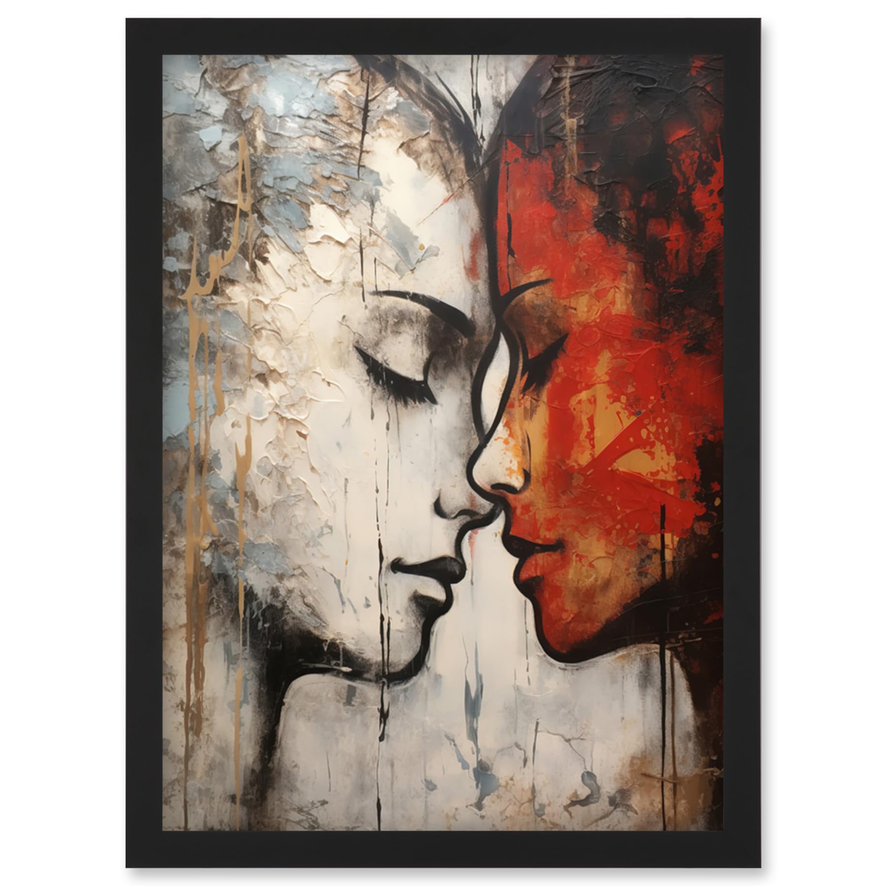 Artery8 Affection Thick Paint Oil Painting Red Bold Blue Gay Lovers Emotional Connection Women Love Lesbian Artwork Framed Wall Art Print A4