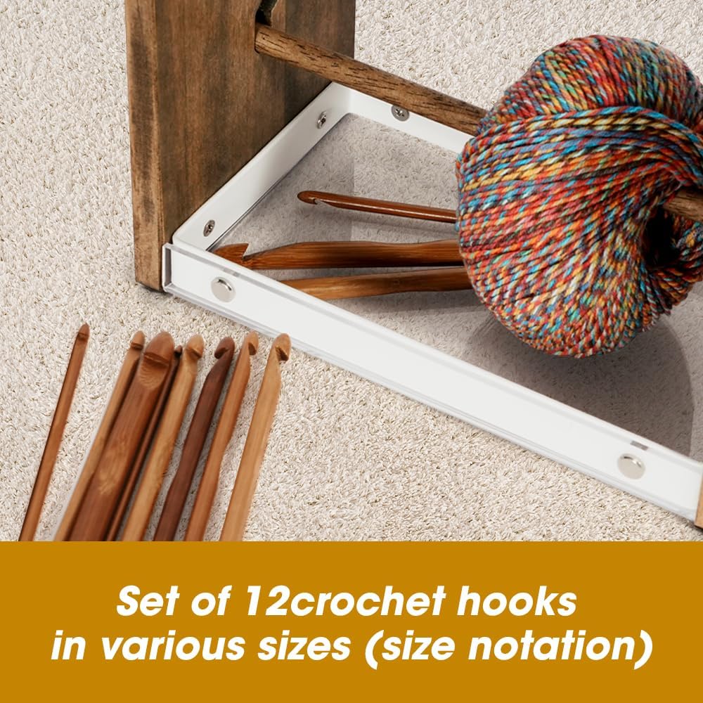 J JACKCUBE DESIGN Wooden Yarn Holder with Storage Tray and 12 Crochet Hooks, Anti-Slip Yarn Dispenser for Knitting & Crochet, Portable Organizer for Craft Supplies(White) - MK1310B