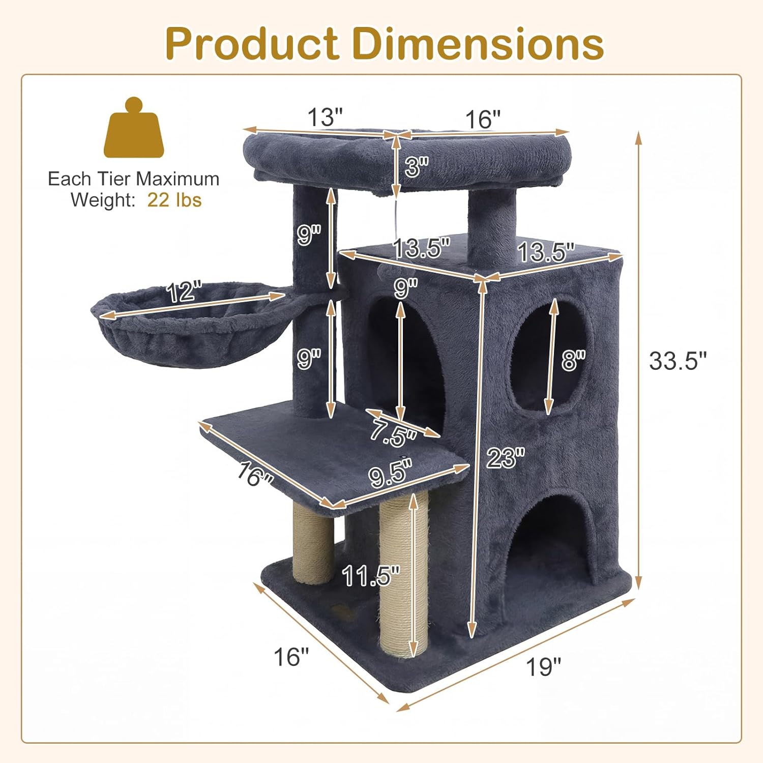 DORTALA Cat Tree for Indoor Cats, 33.5" Cat Tower with 2-Storey Condo, Top Perch, Sisal Scratching Posts, Dangling Ball, Platform, Multi-Level Pet Climbing Furniture Activity Center (Dark Grey)